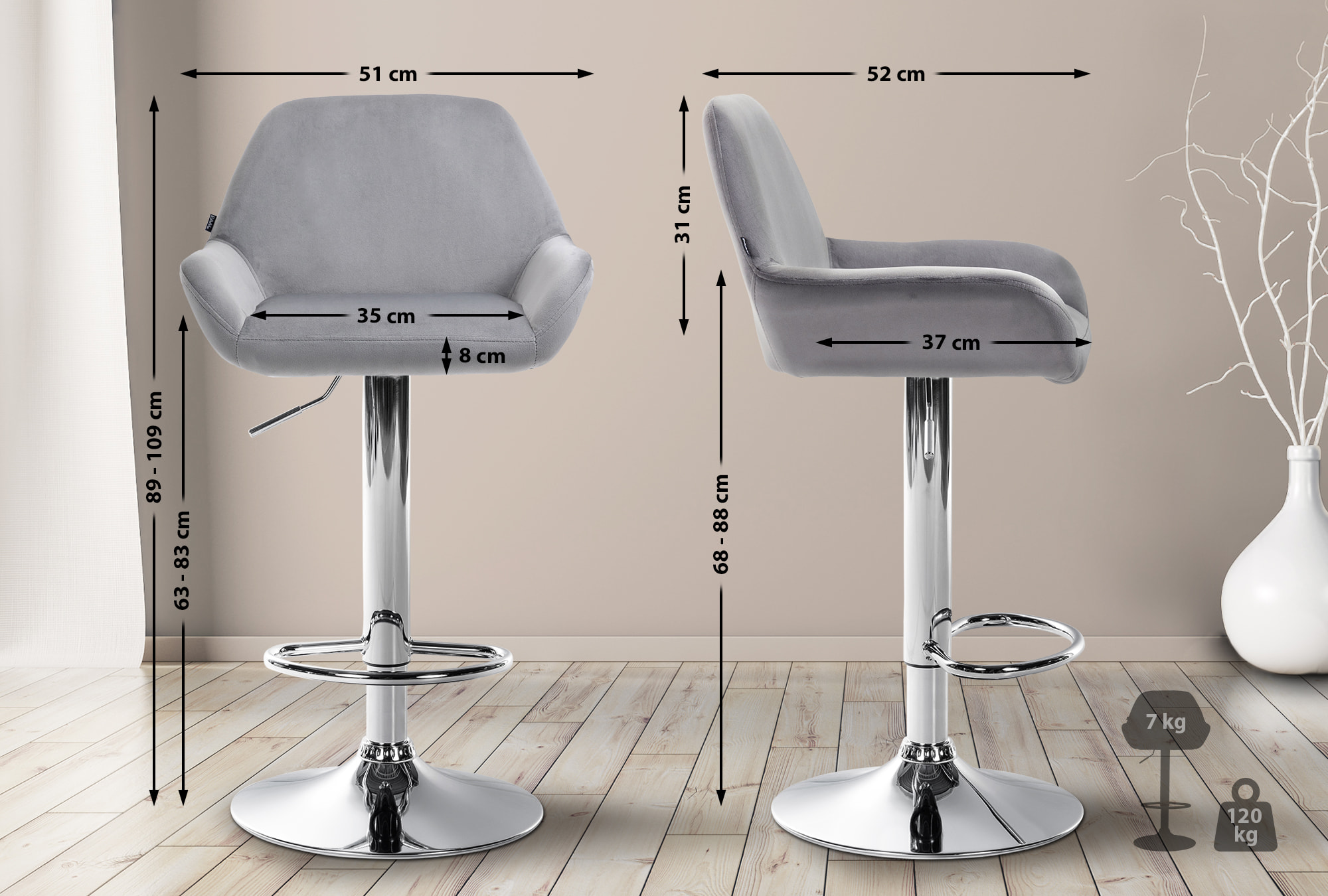 Barhocker Braga Samt chrom, grau