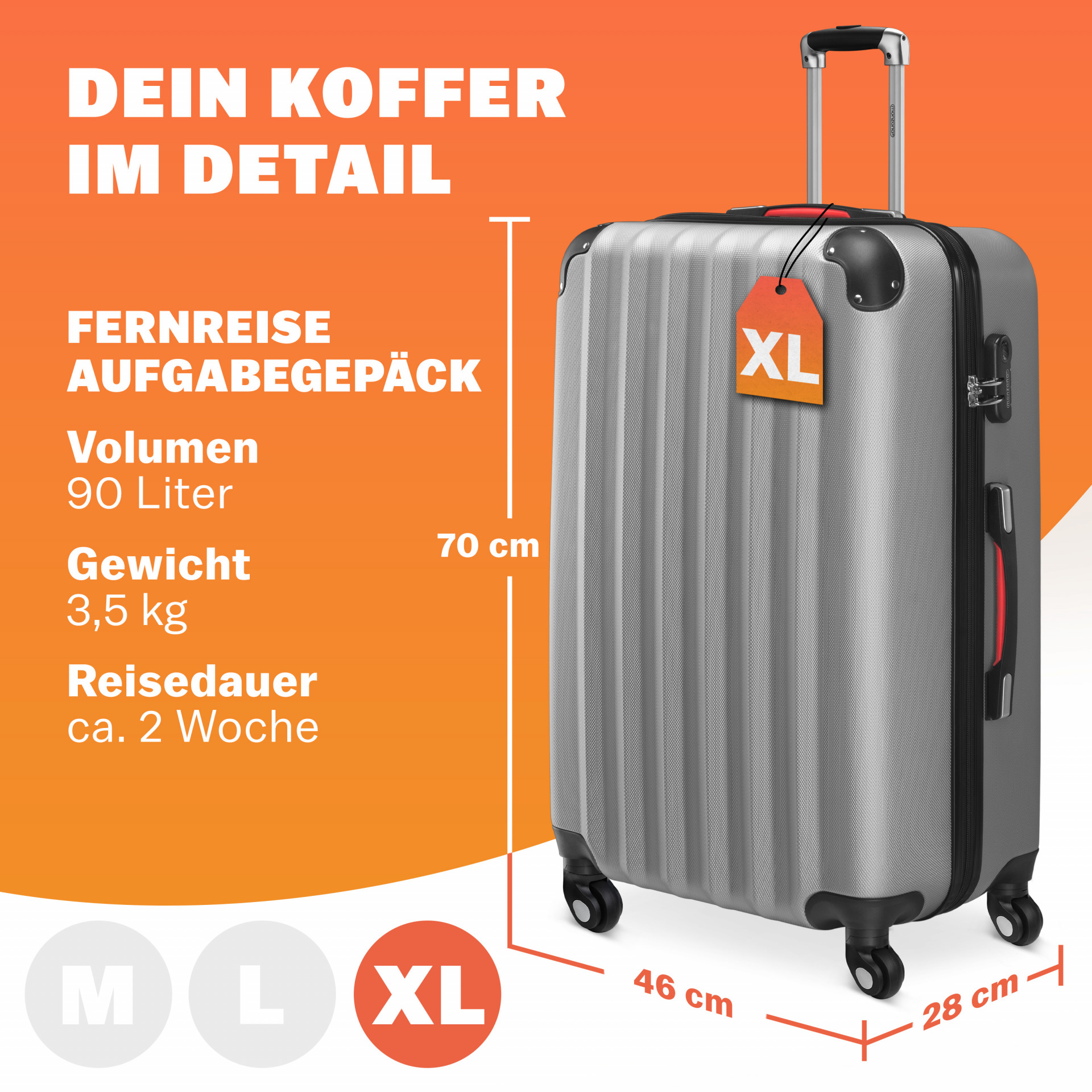 Hartschalenkoffer XL Rollen 360º Reisekoffer 90L Silber ABS