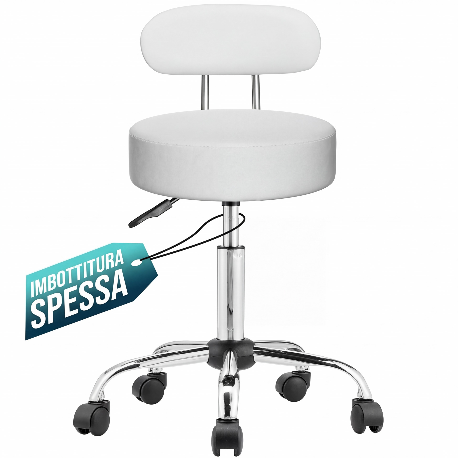 Rollhocker Weiß 360° drehbar mit Rückenlehne