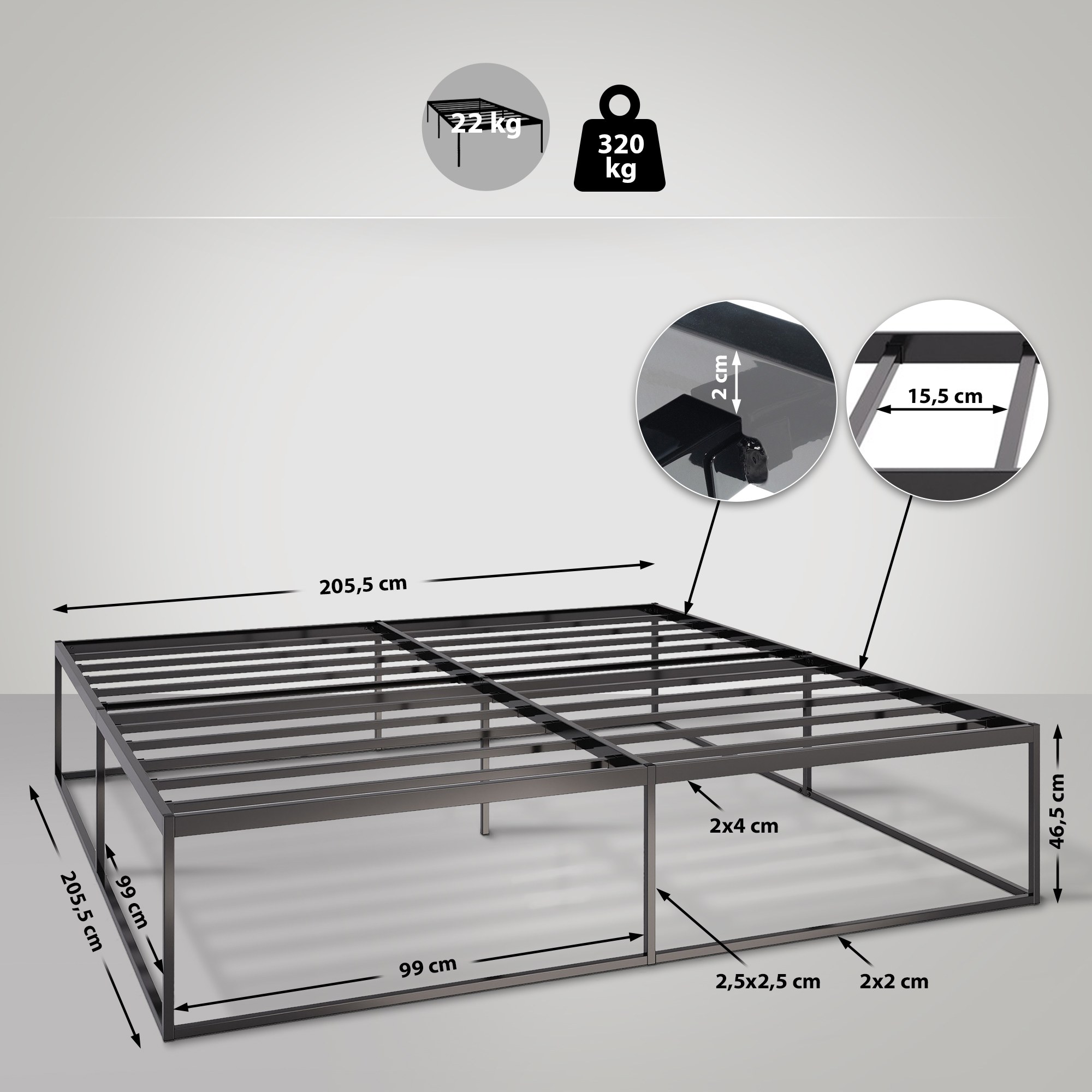 Metallbett Scala 200x200x46 cm, schwarz