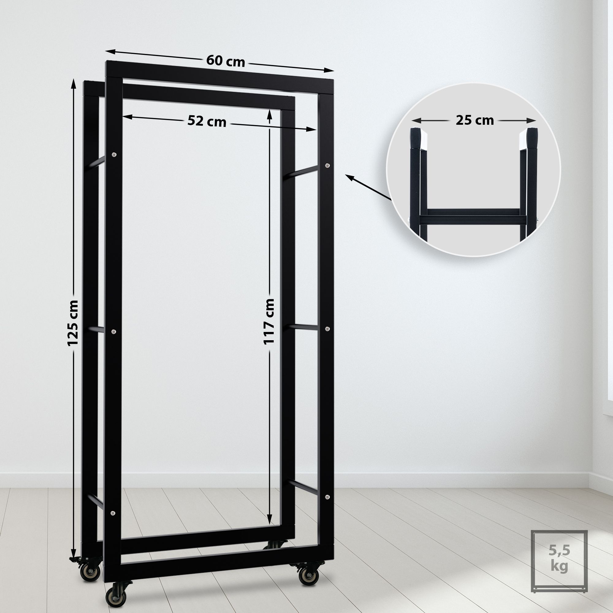 Kaminholzständer Keri mit Rollen 25x60x125, schwarz
