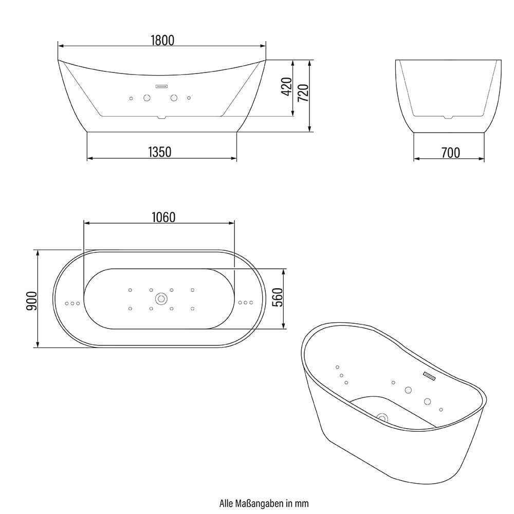 Freistehende Badewanne mit Whirlpoolfunktion OVALO PLUS - 180 x 90 cm