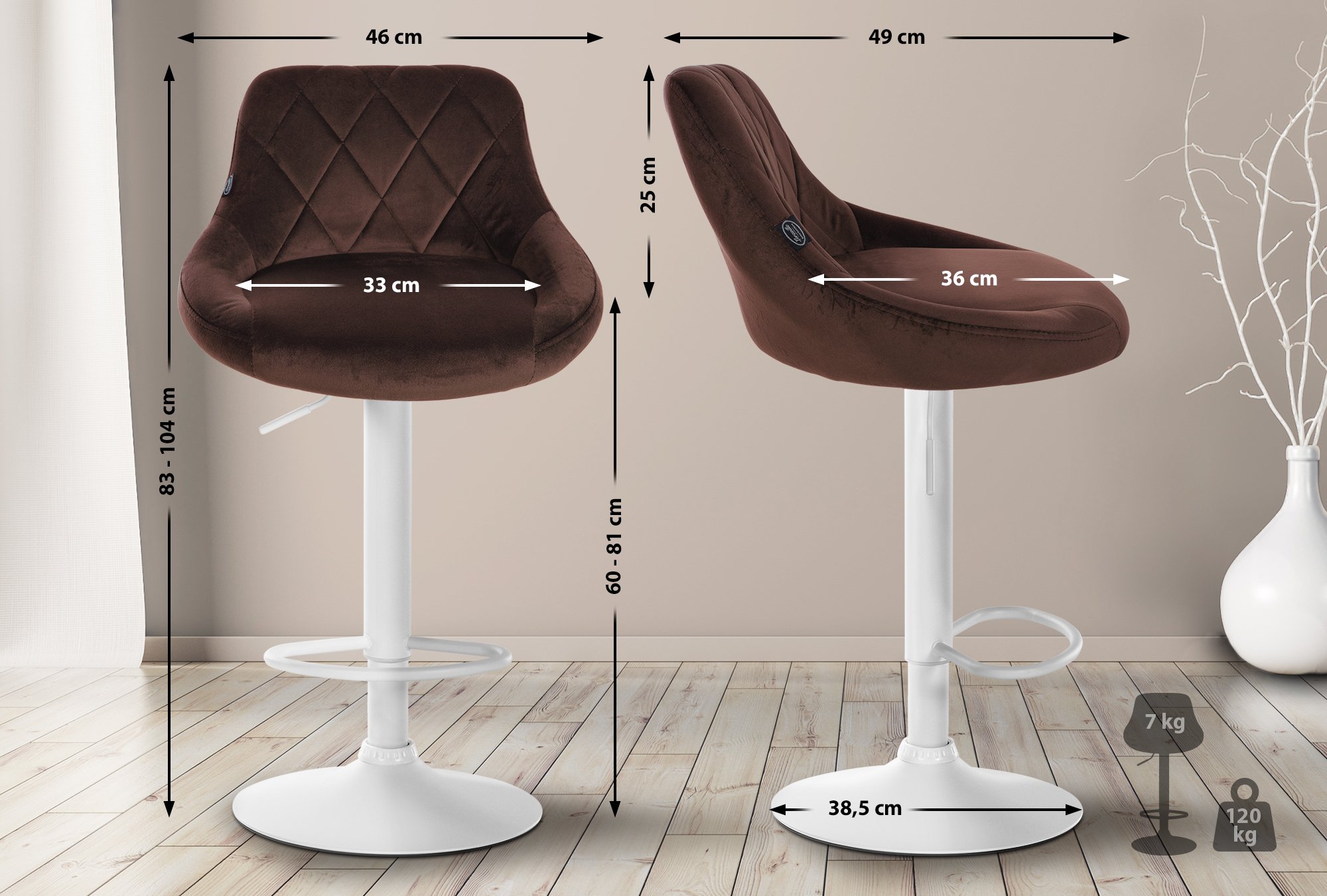 2er Set Barhocker Lazio Samt weiß, braun