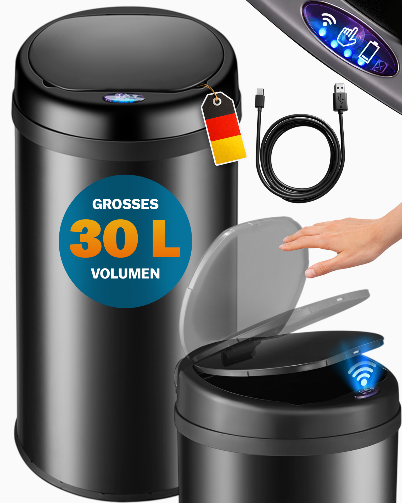 Sensor Mülleimer Schwarz Edelstahl 30L