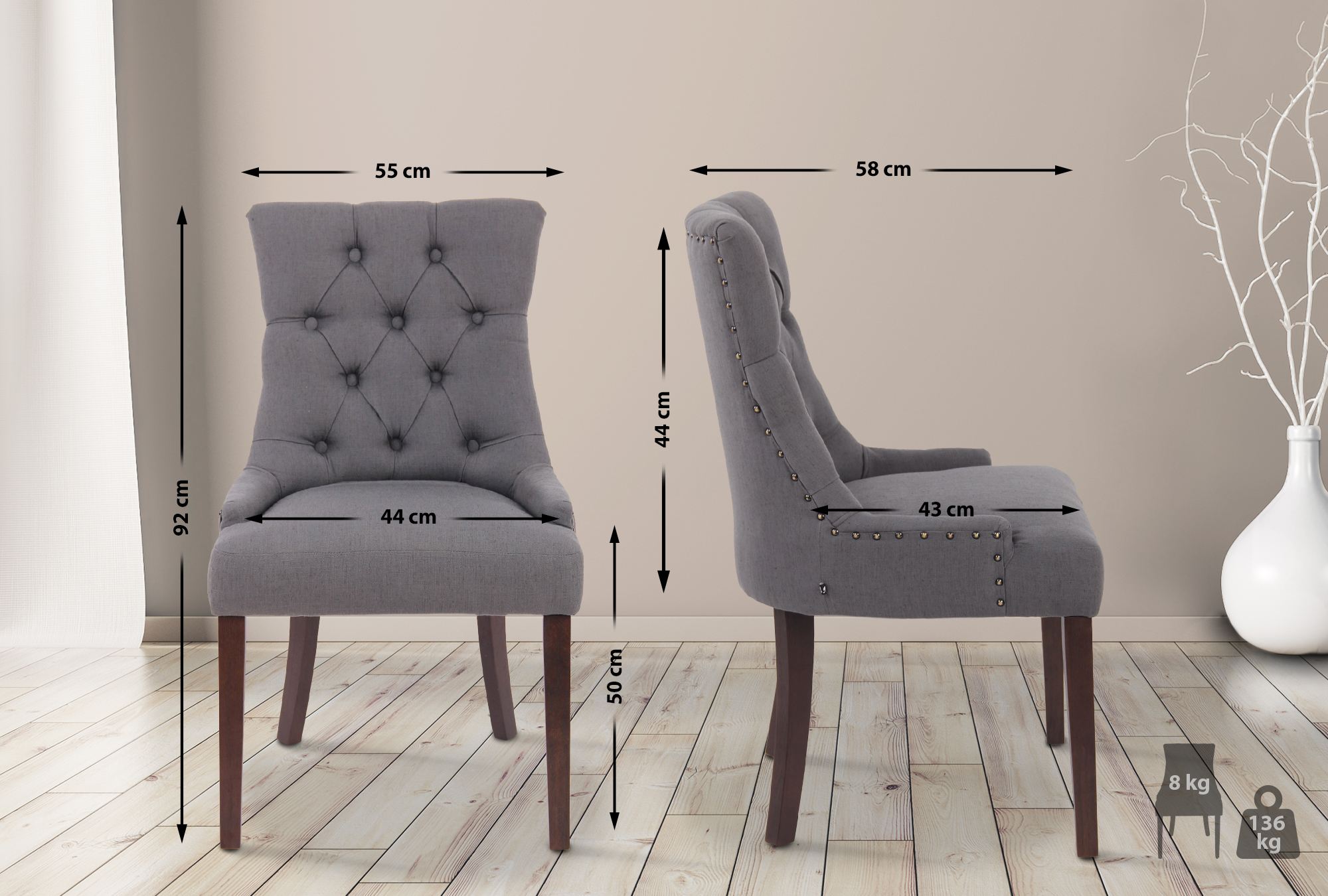 2er Set Esszimmerstuhl Aberdeen Stoff antik, dunkelgrau