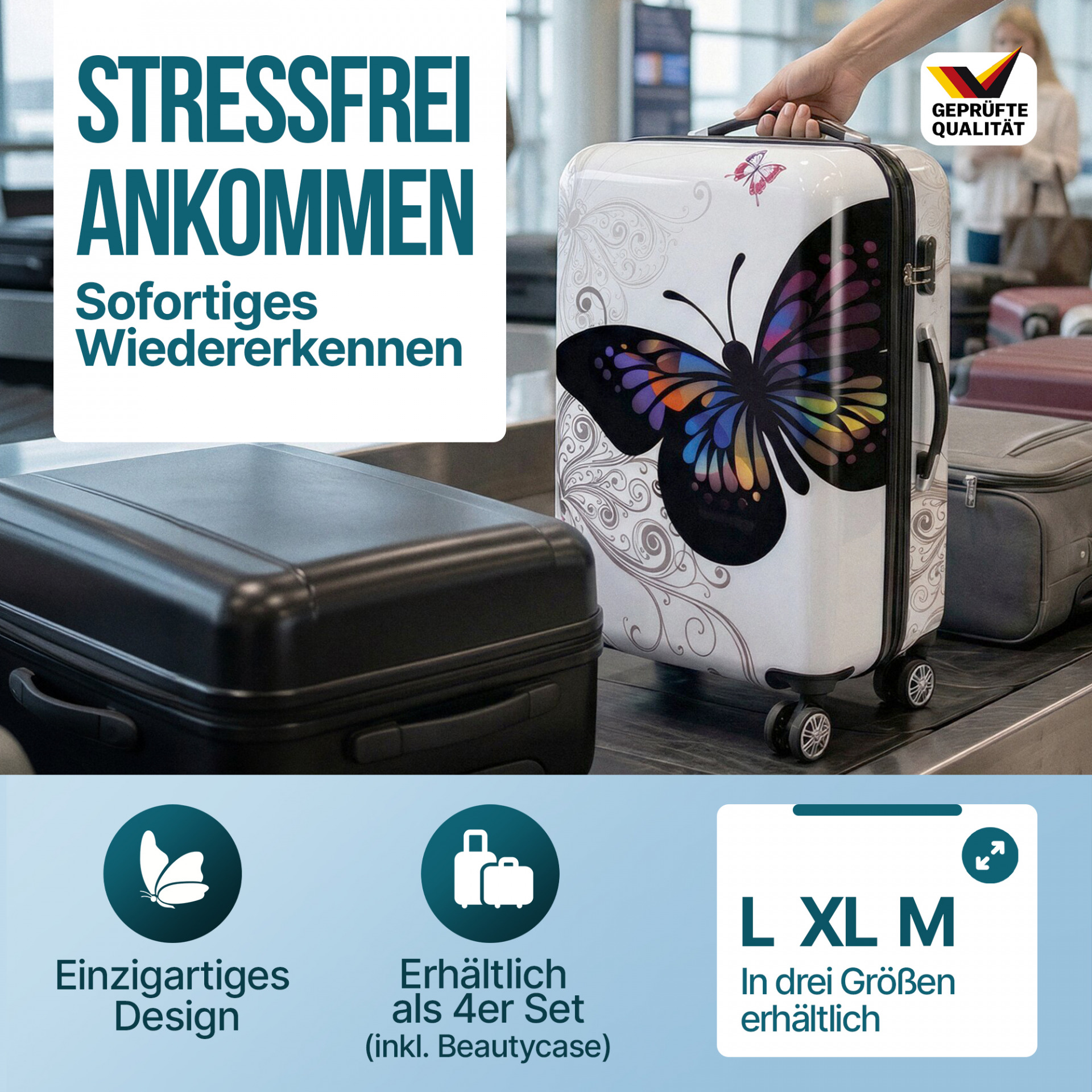 Hartschalenkoffer Rollen 360º Reisekoffer Butterfly Polycarbonat 42L