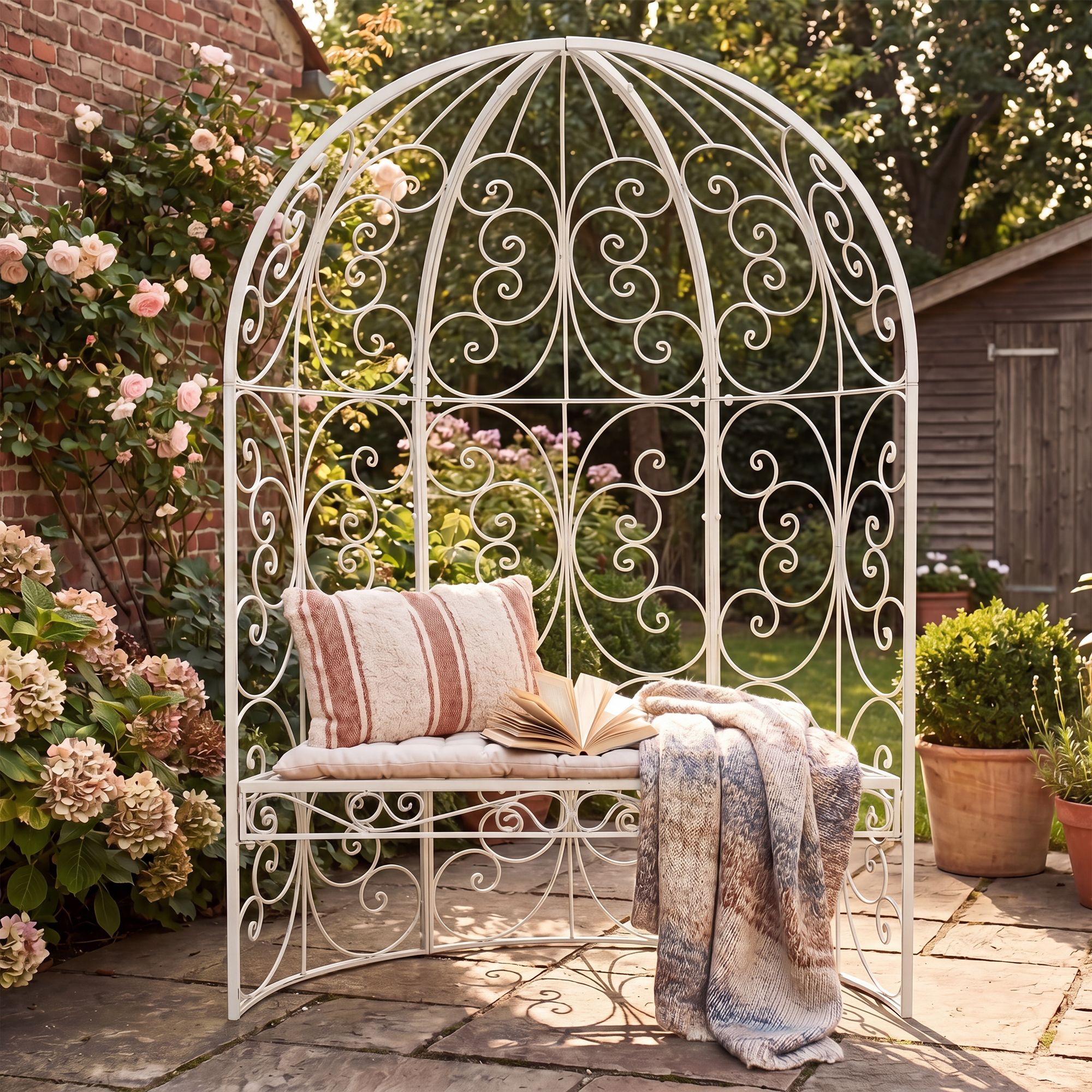 Halbpavillon Rosie mit Sitzbank, antik weiß