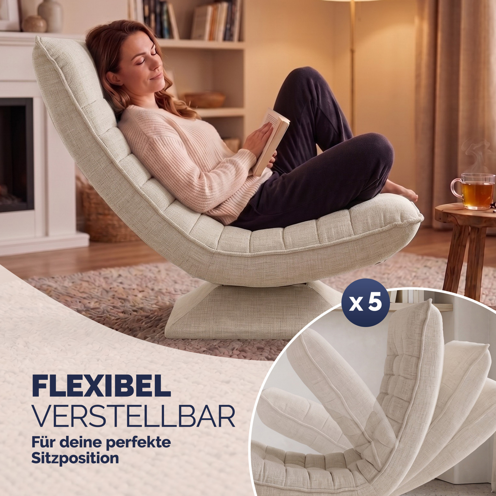 Sessel Aberdeen Creme Stoff 5fach verstellbar 360 Grad drehbar klappbar