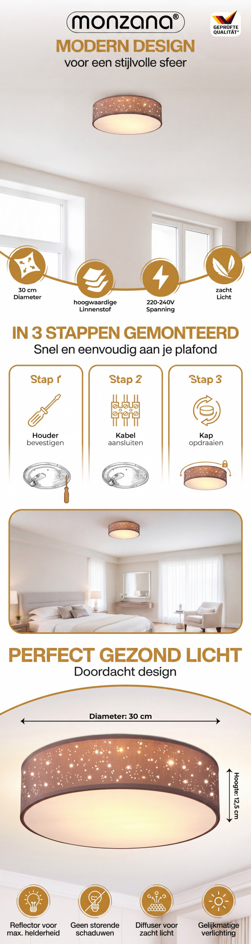 Deckenlampe Taupe Stoff Ø30cm Sternenhimmel