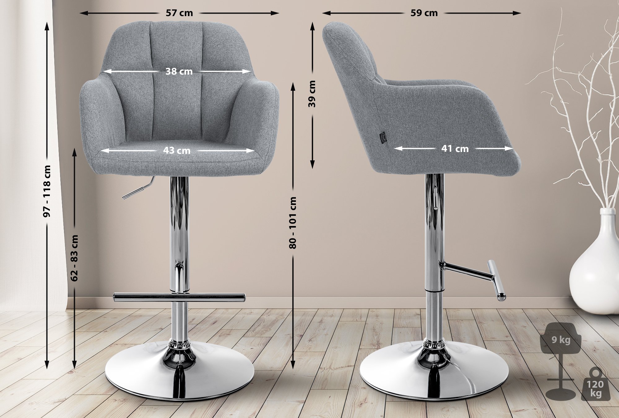 Barhocker Natoma Stoff chrom, grau