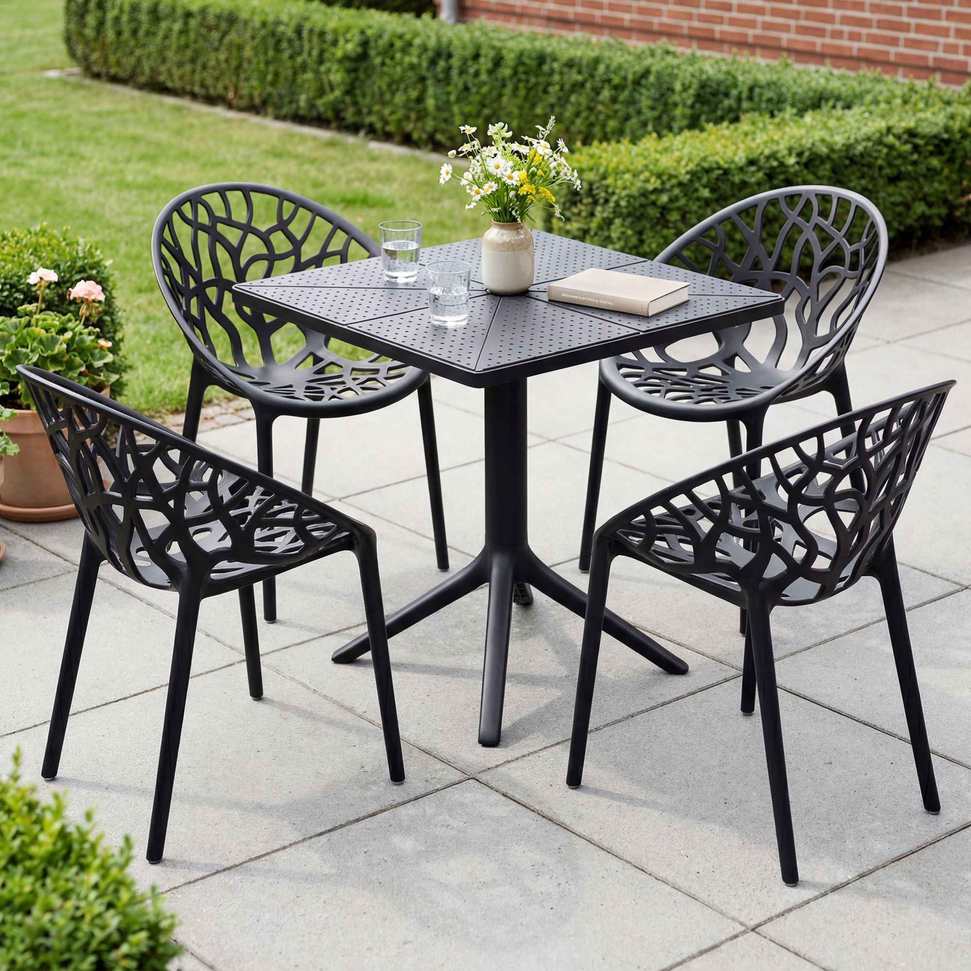 Gartenmöbel-Set Neriva mit 4 Stühlen, schwarz