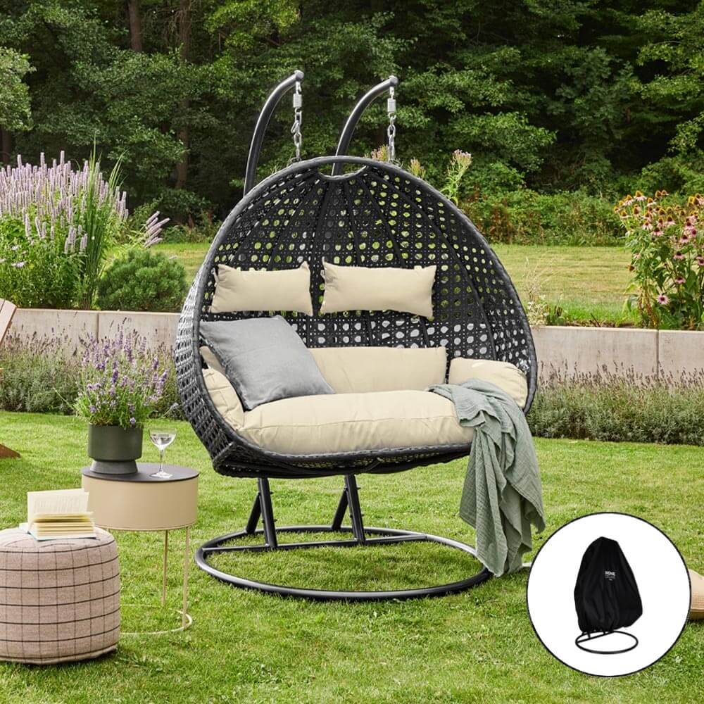 Polyrattan Hängesessel mit Regenabdeckung TWIN DELUXE - Schwarz/Creme für 2 Personen