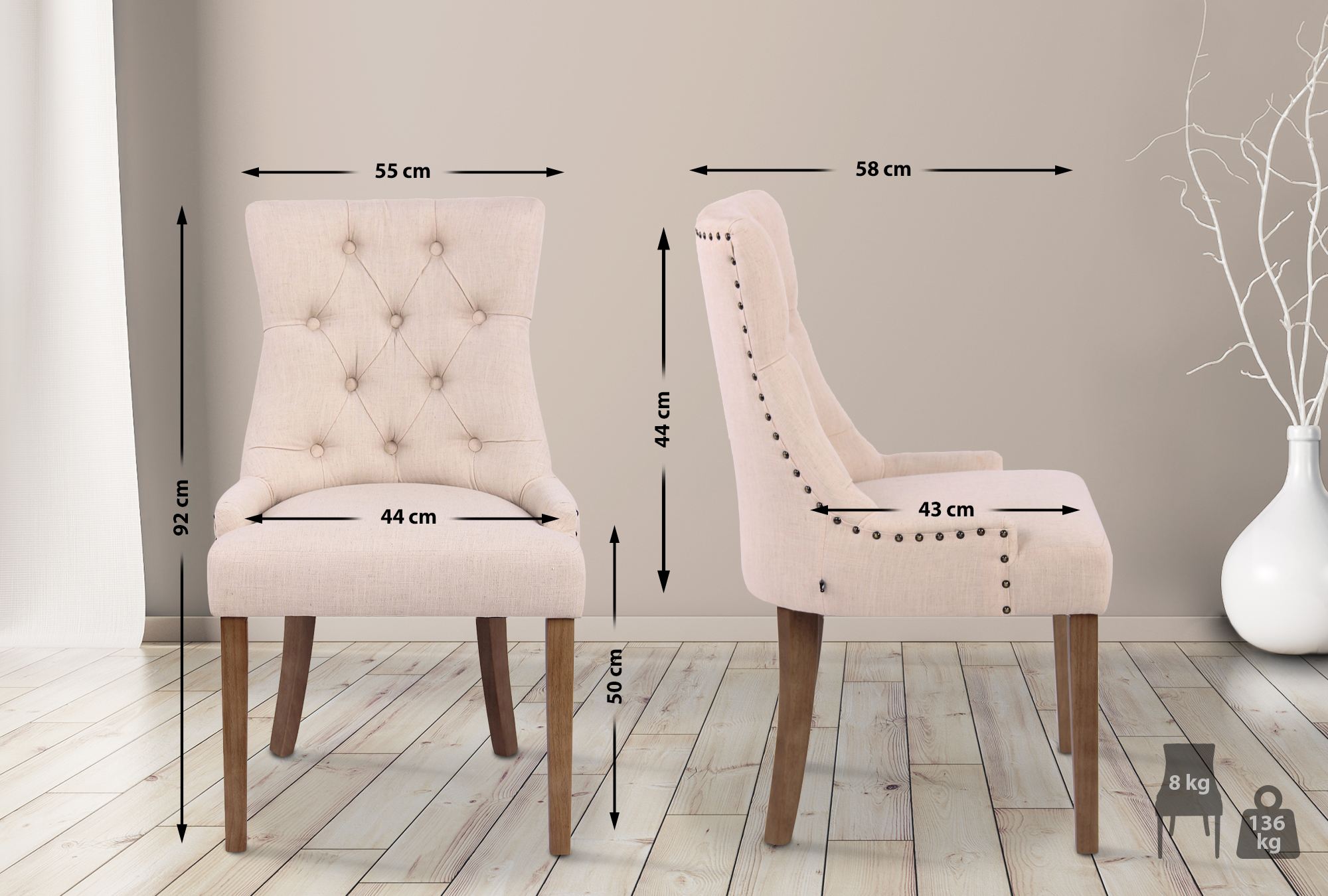 2er Set Esszimmerstuhl Aberdeen Stoff antik-hell, creme