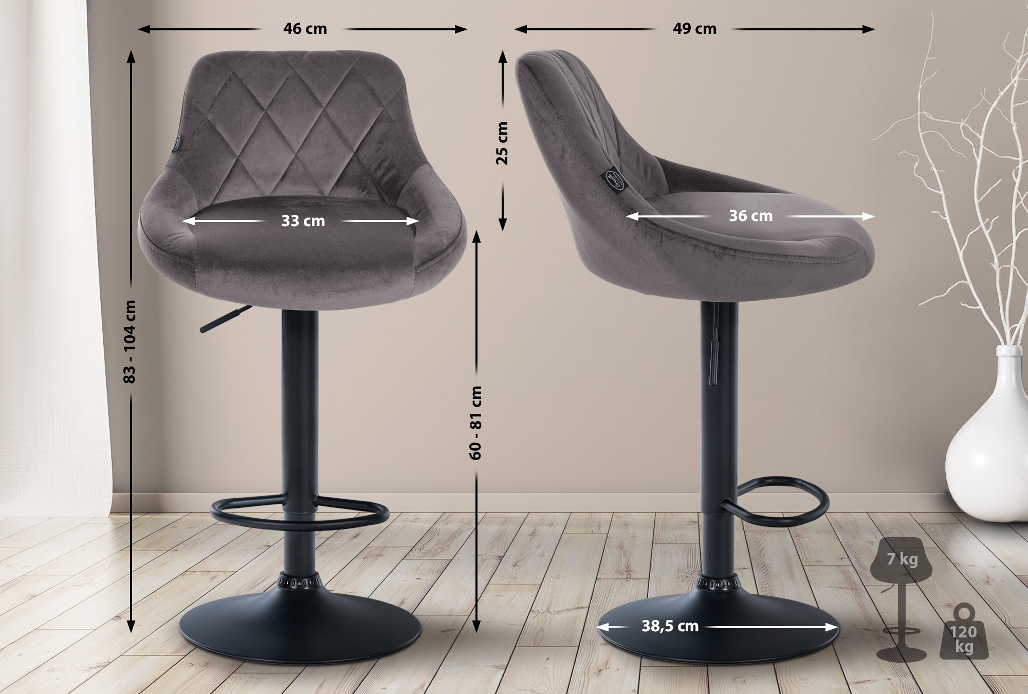 2er Set Barhocker Lazio Samt schwarz, grau