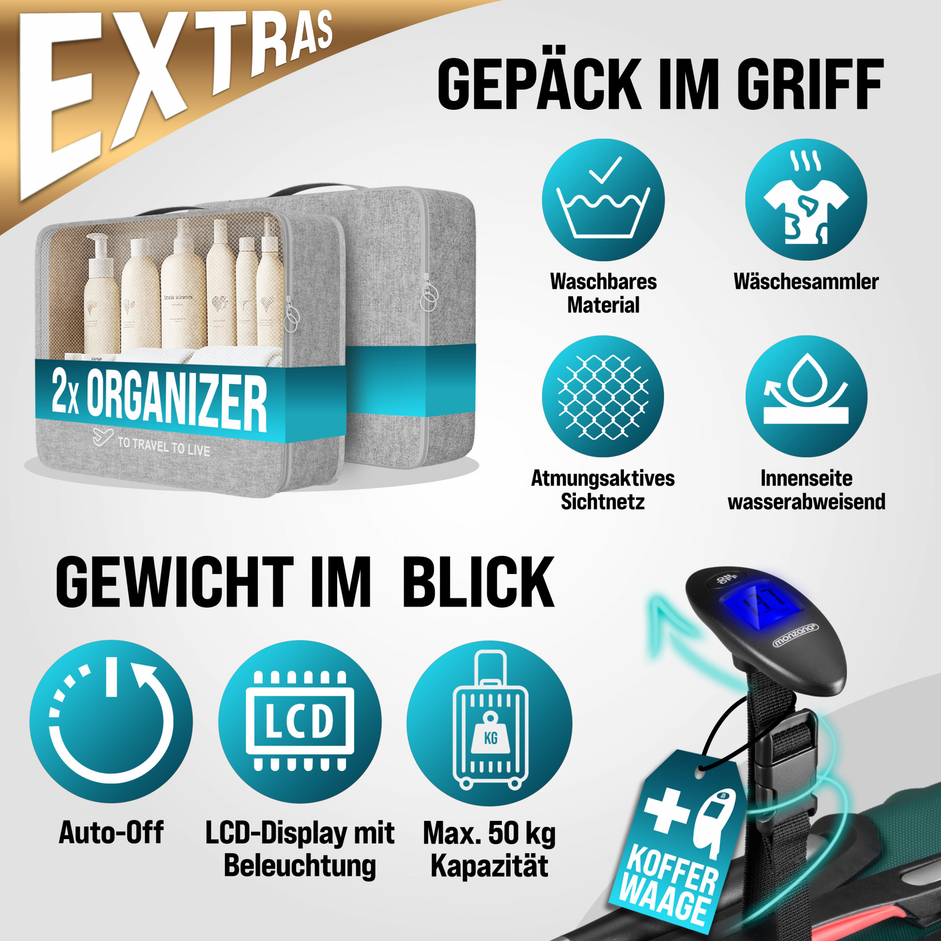Hartschalenkoffer Set 3-tlg mit Zubehör Rollen 360º Grün ABS