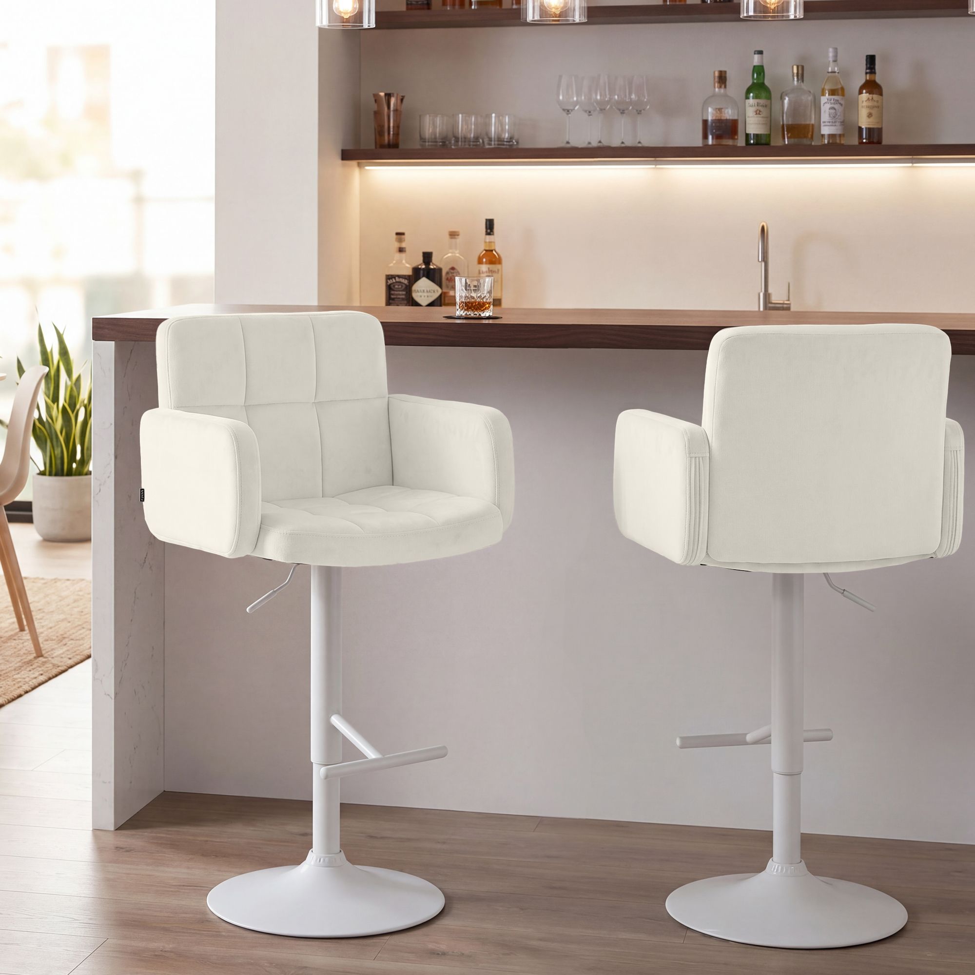 2er Set Barhocker Los Angeles Samt weiß, creme