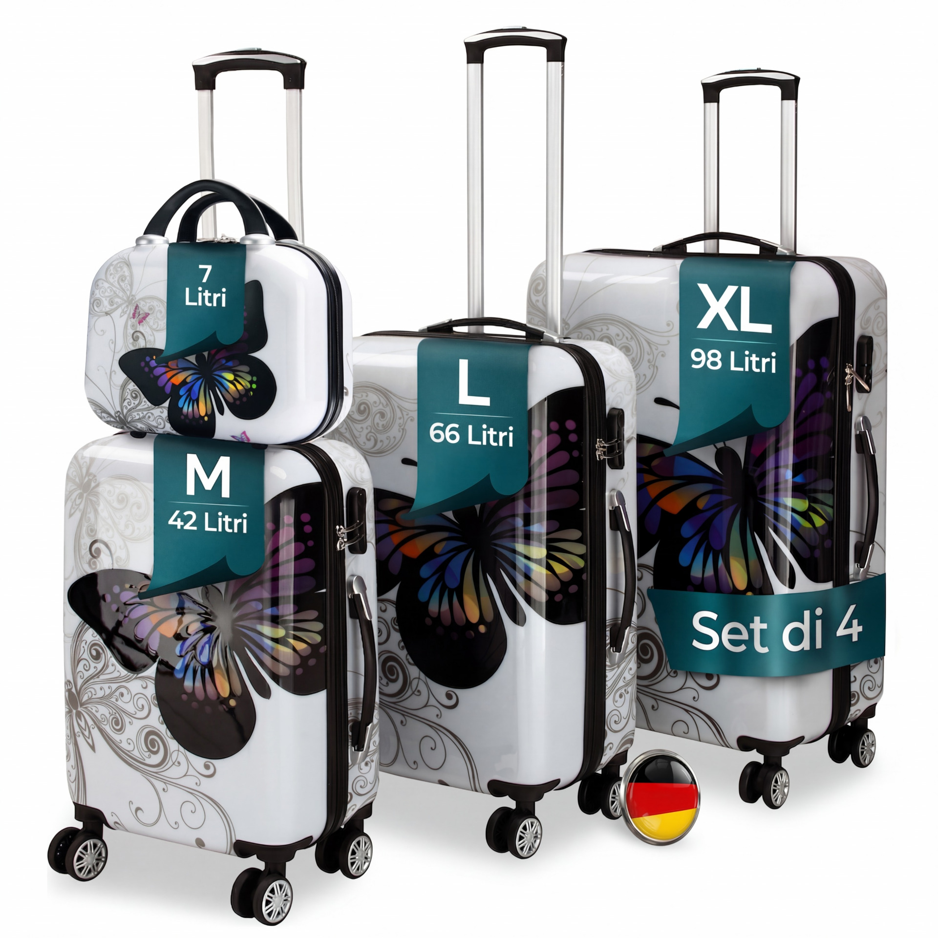 Hartschalenkoffer Set 4-tlg Rollen 360º Beautycase Butterfly Polycarbonat
