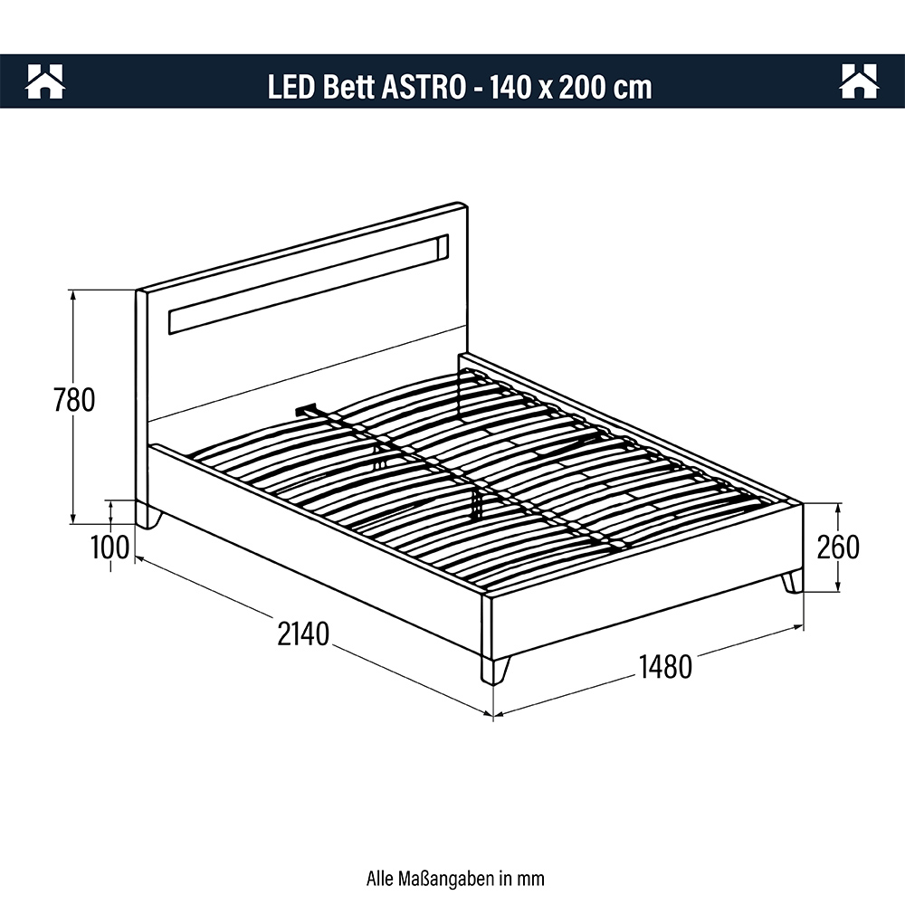 LED Bett ASTRO mit Matratze - 140 x 200 cm Schwarz