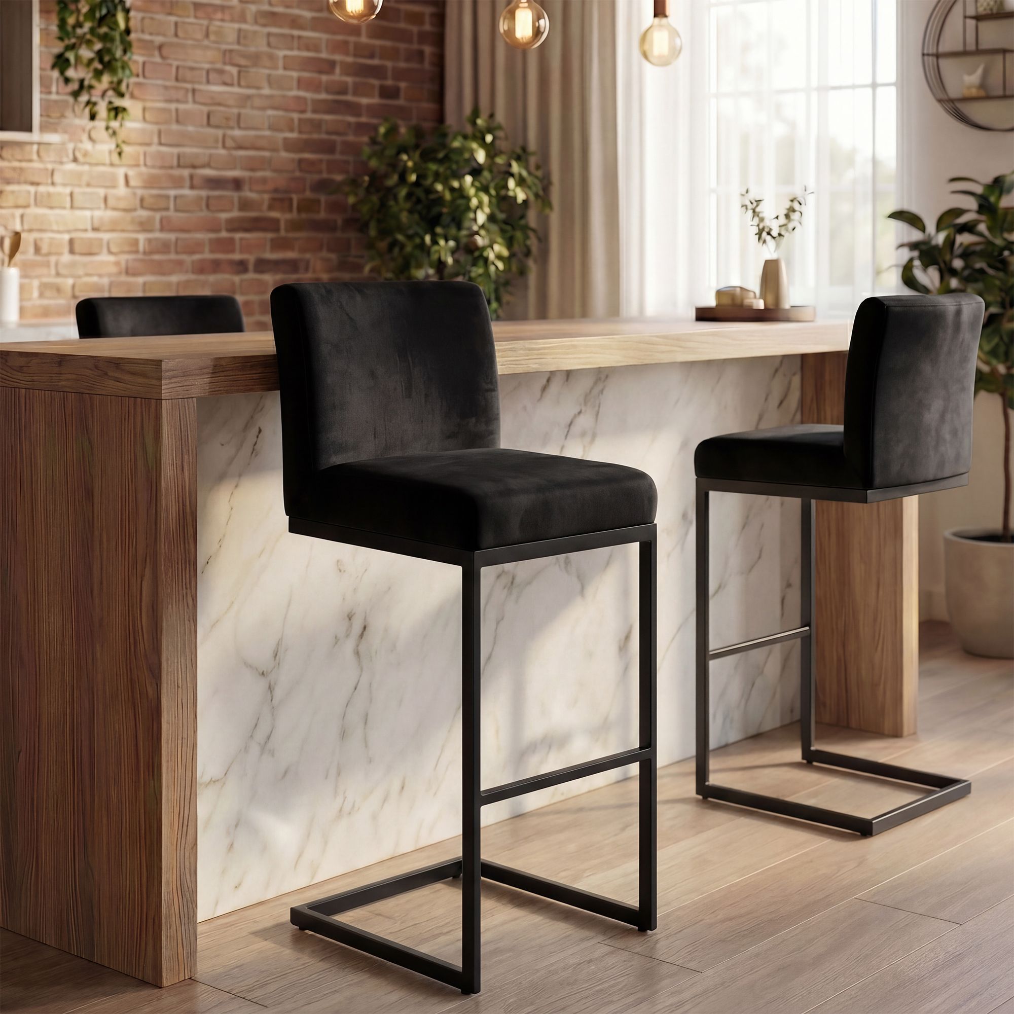 2er Set Barhocker Hopewell Samt B, schwarz
