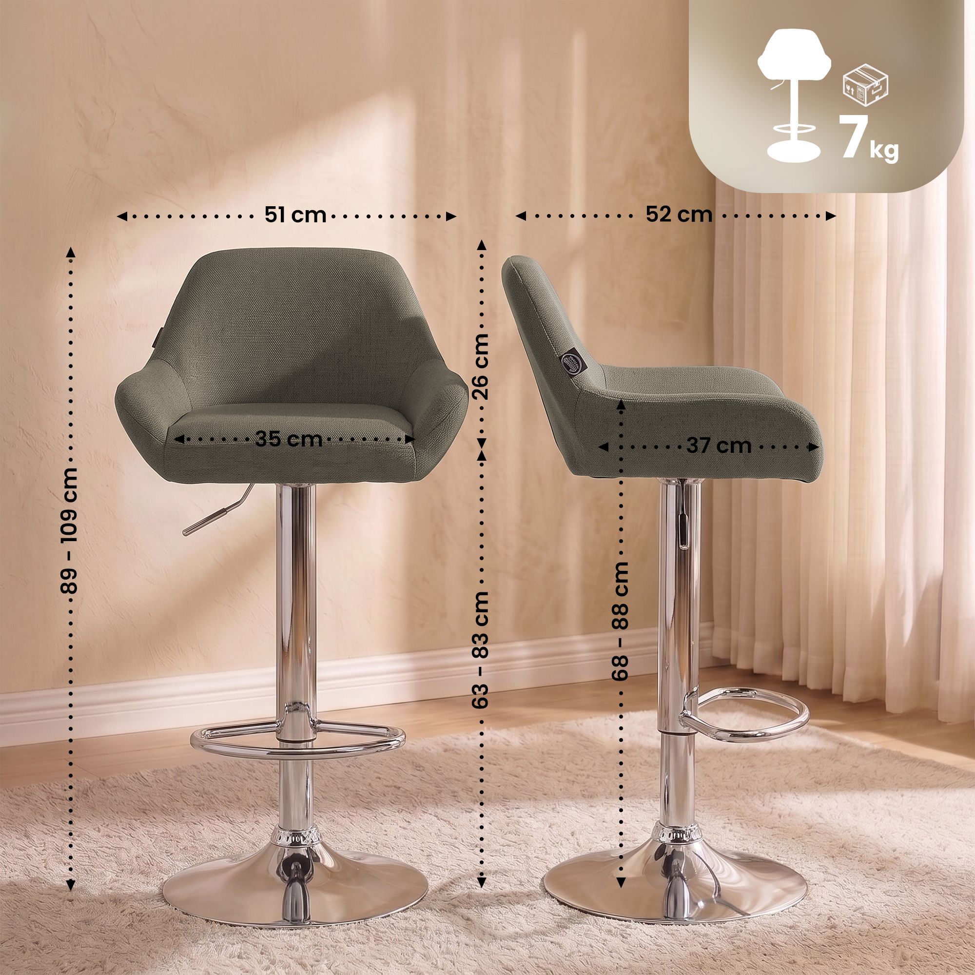 2er Set Barhocker Braga Stoff chrom, taupe