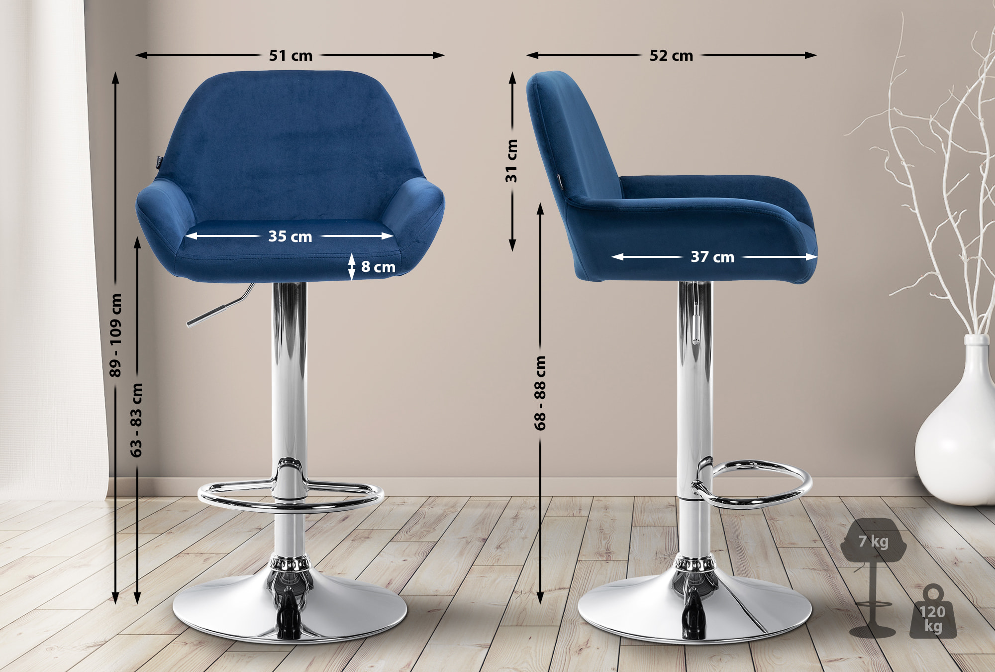 2er Set Barhocker Braga Samt chrom, blau