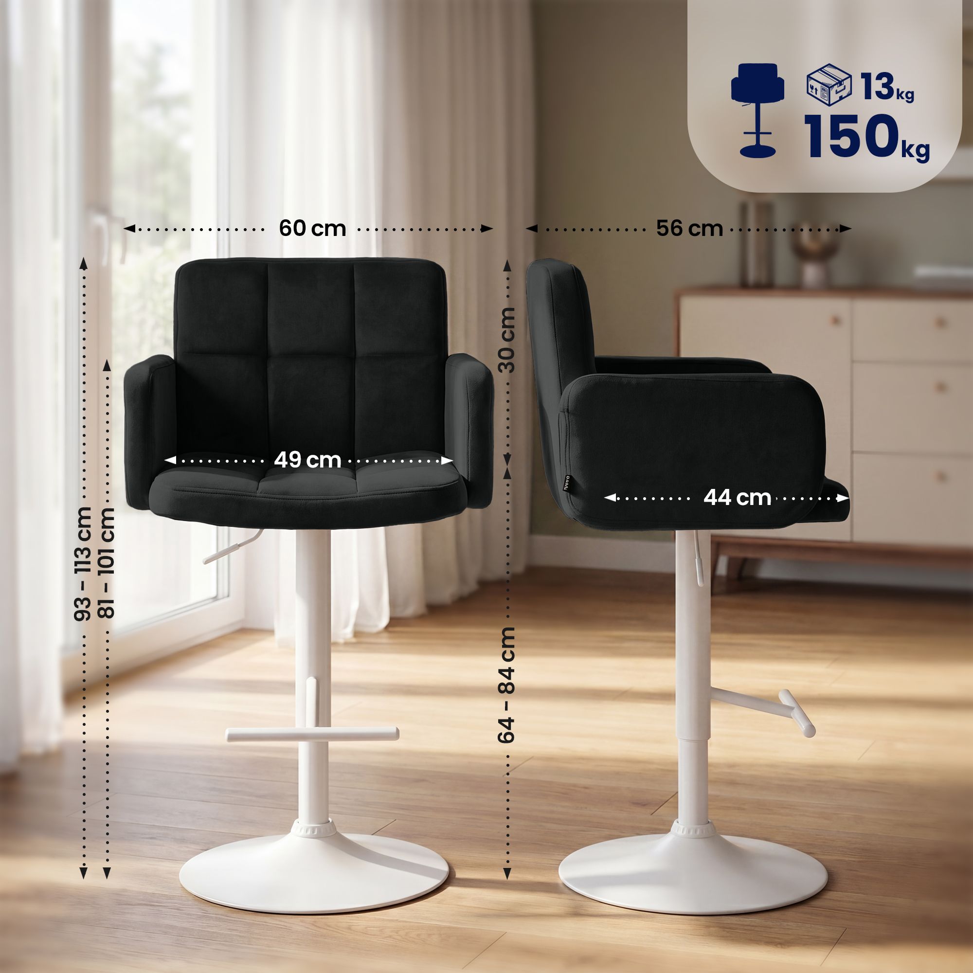 2er Set Barhocker Los Angeles Samt weiß, schwarz