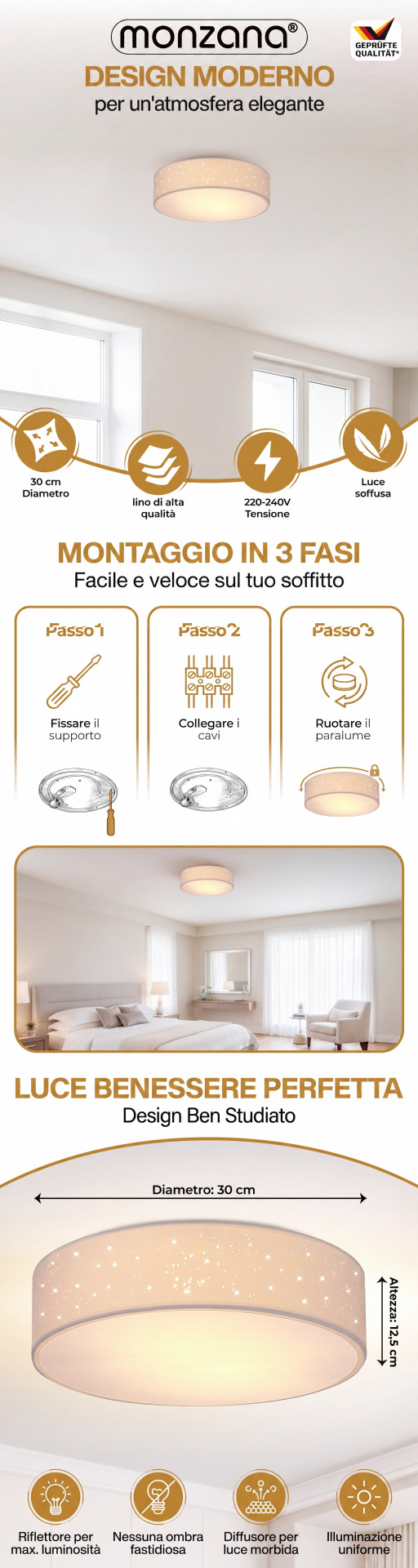 Deckenlampe Weiß Stoff Ø30cm Sternenhimmel