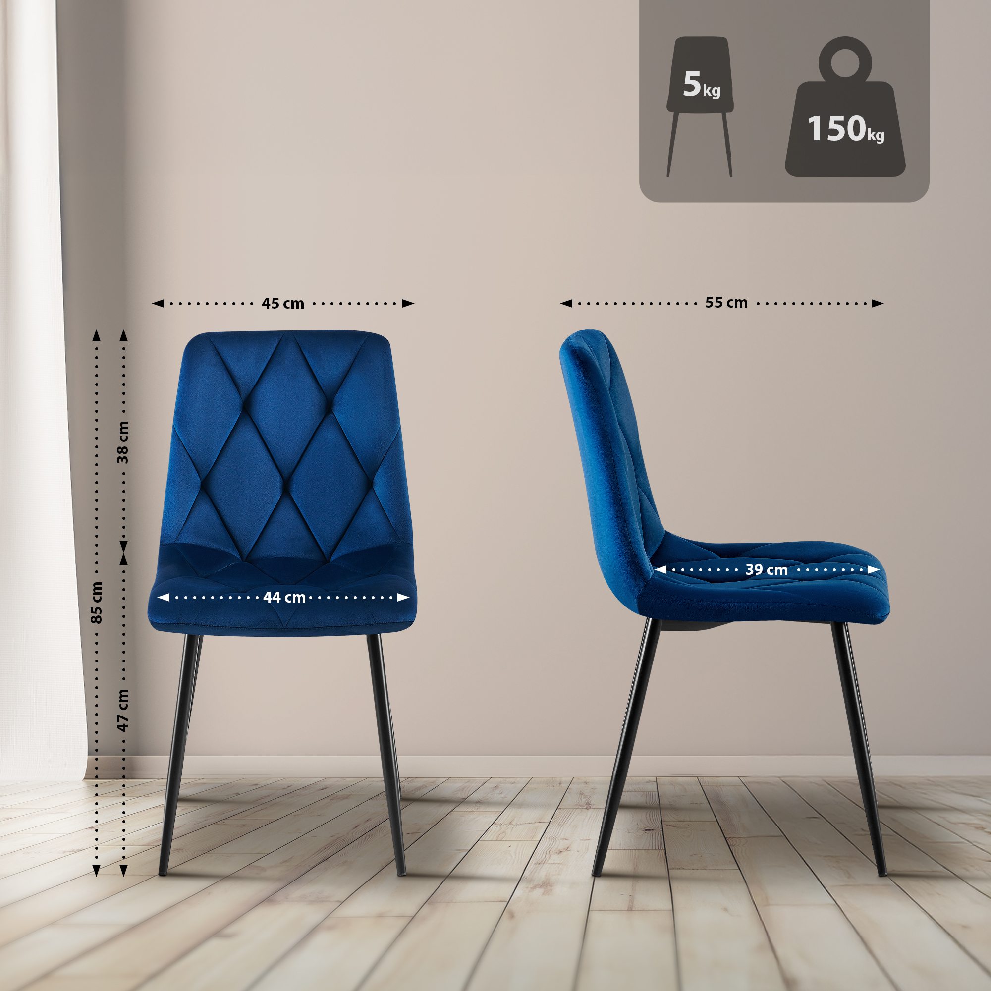 2er Set Esszimmerstuhl Clairton Samt, dunkelblau