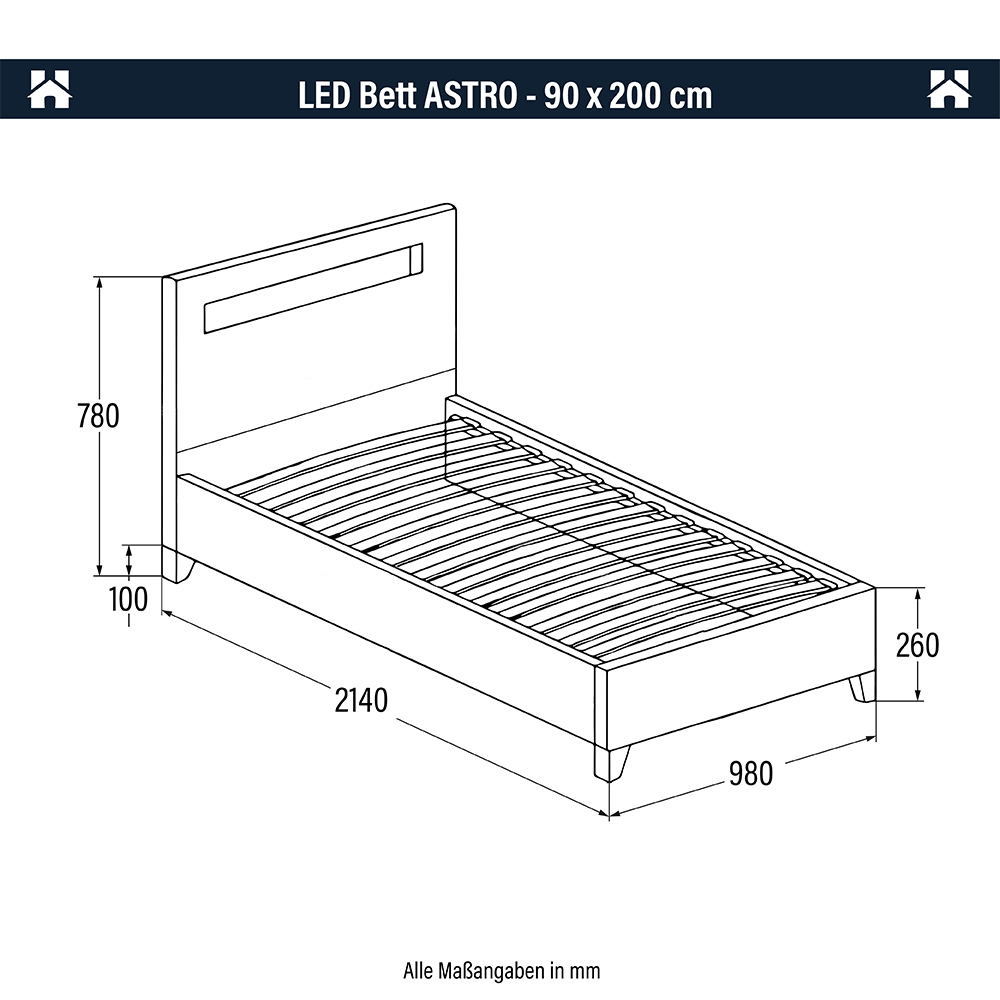 LED Bett ASTRO mit Matratze - 90 x 200 cm Dunkelgrau