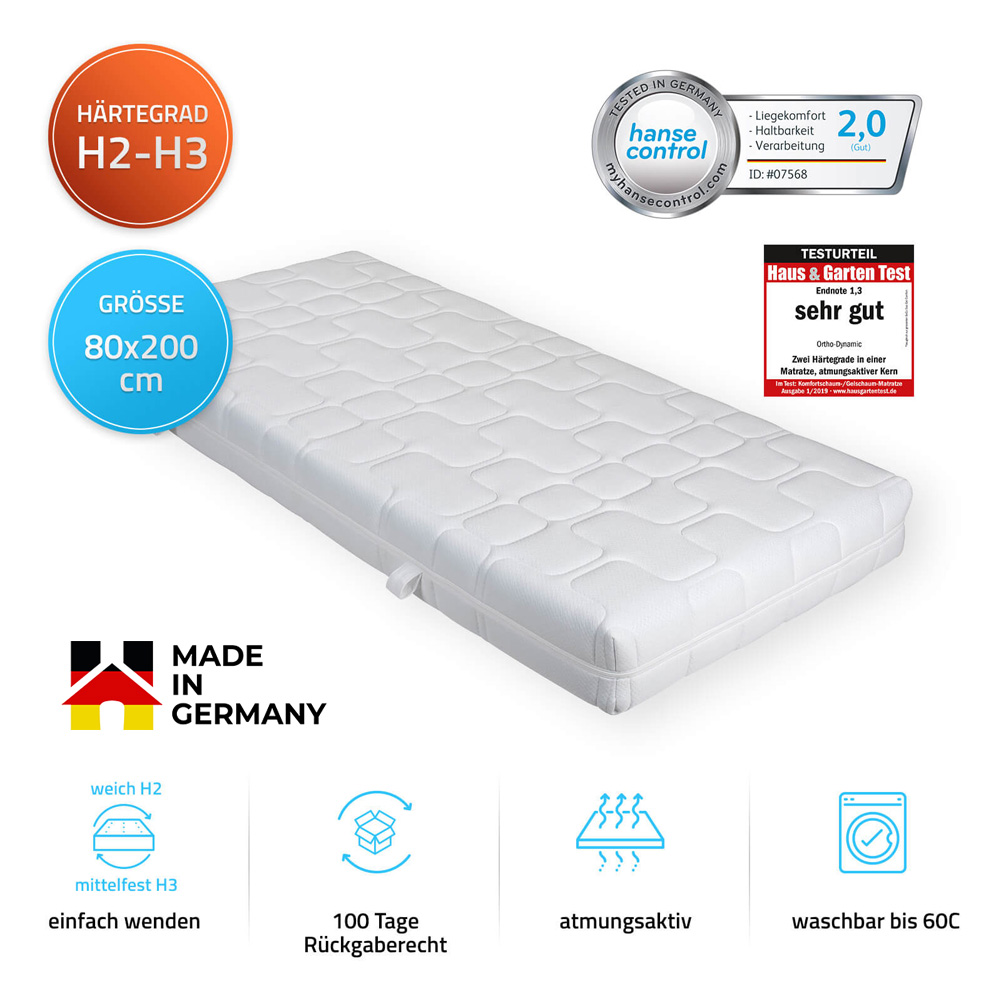 Matratze ORTHO DYNAMIC - 80 x 200 cm weich-mittelfest Made in Germany