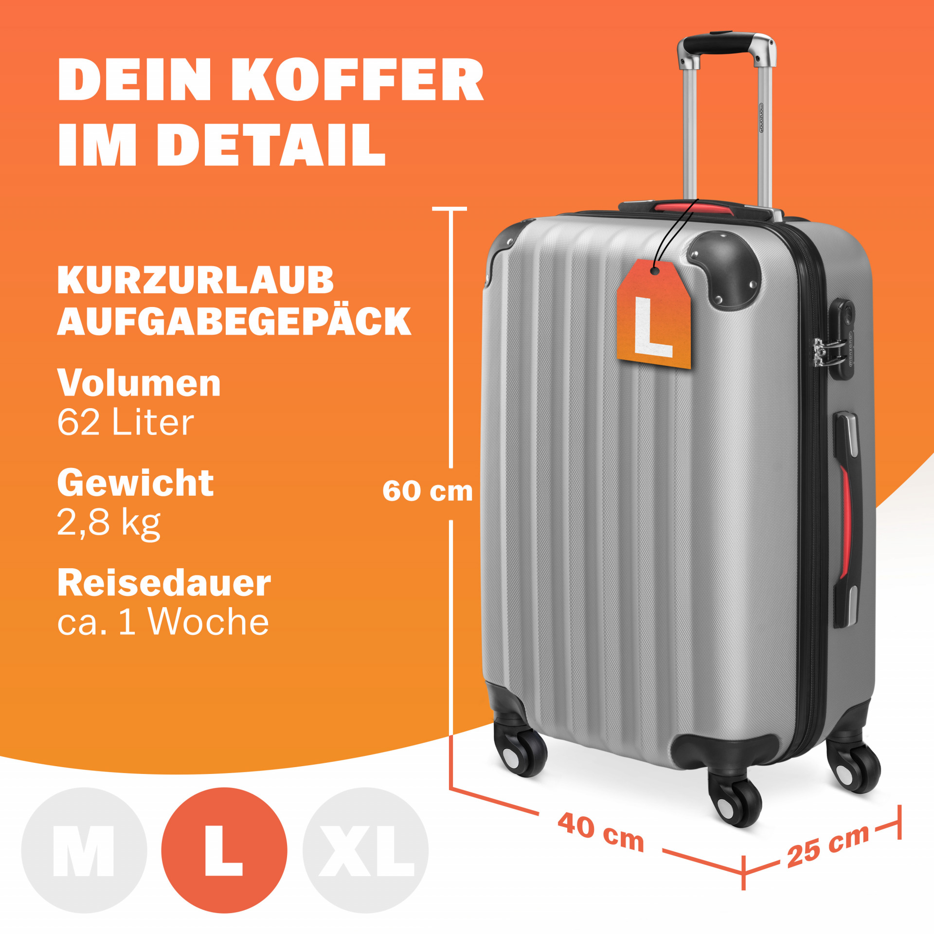Hartschalenkoffer L Rollen 360º Reisekoffer 62L Silber ABS