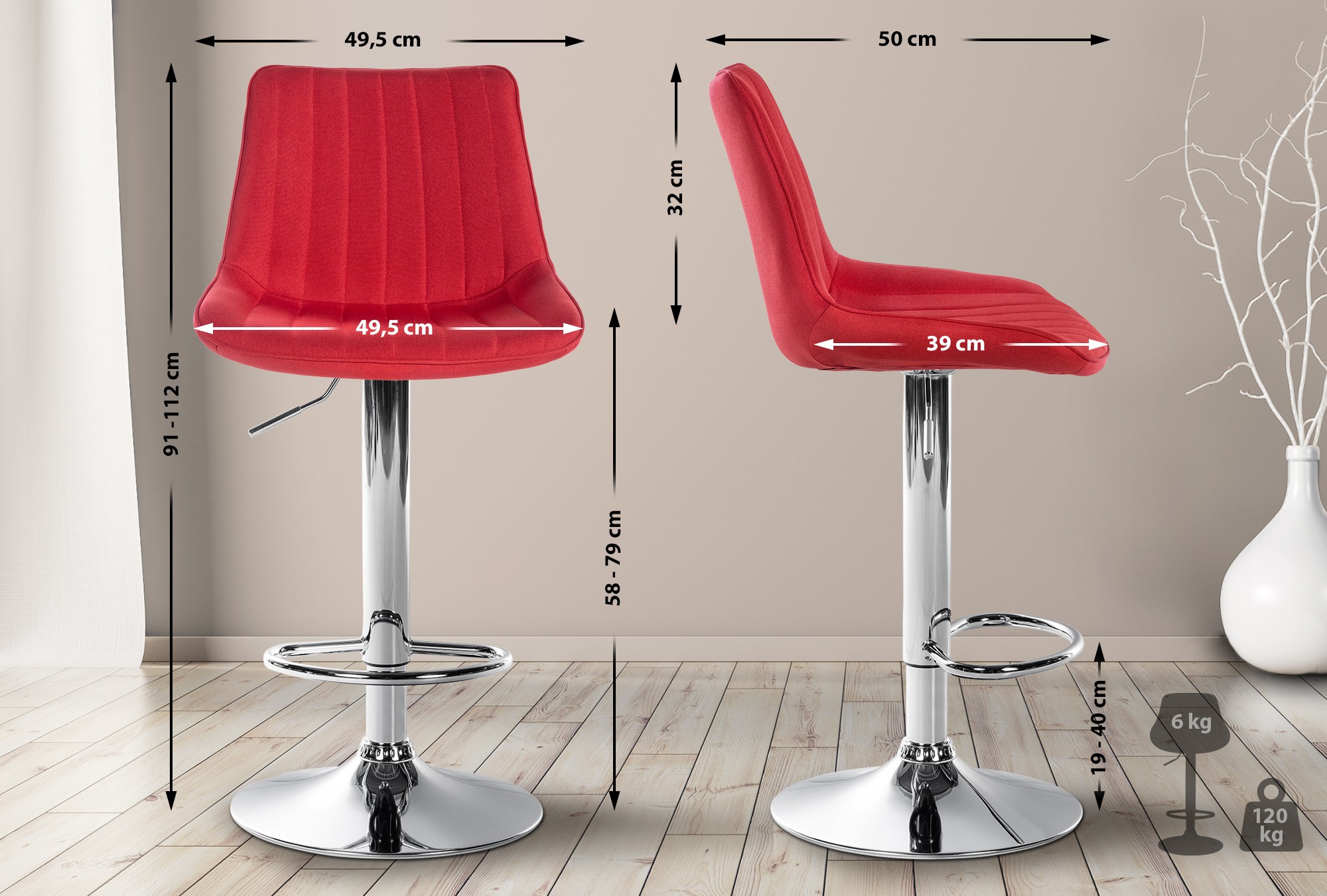 2er Set Barhocker Toni Stoff chrom, rot