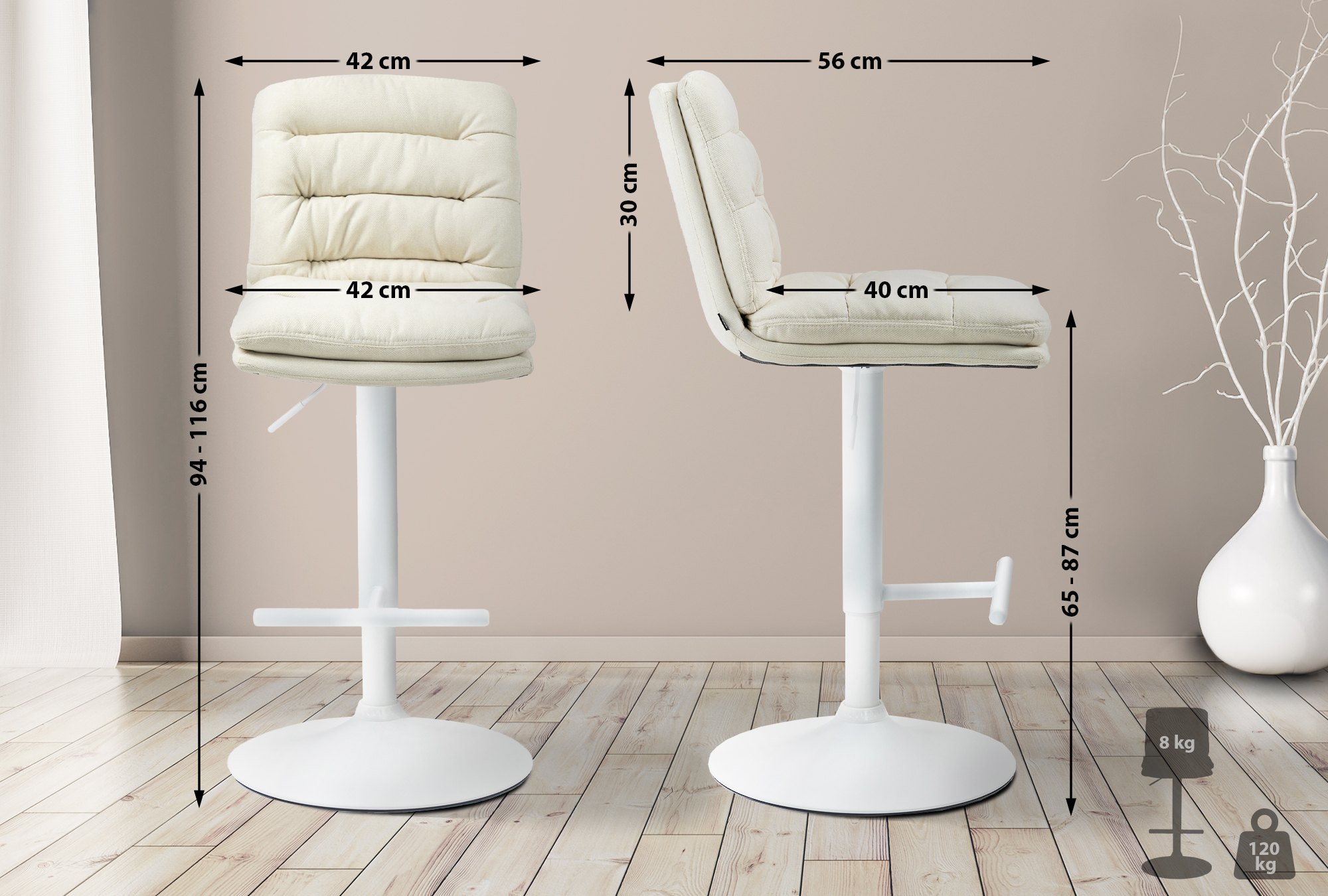2er Set Barhocker Damar Stoff weiß, creme