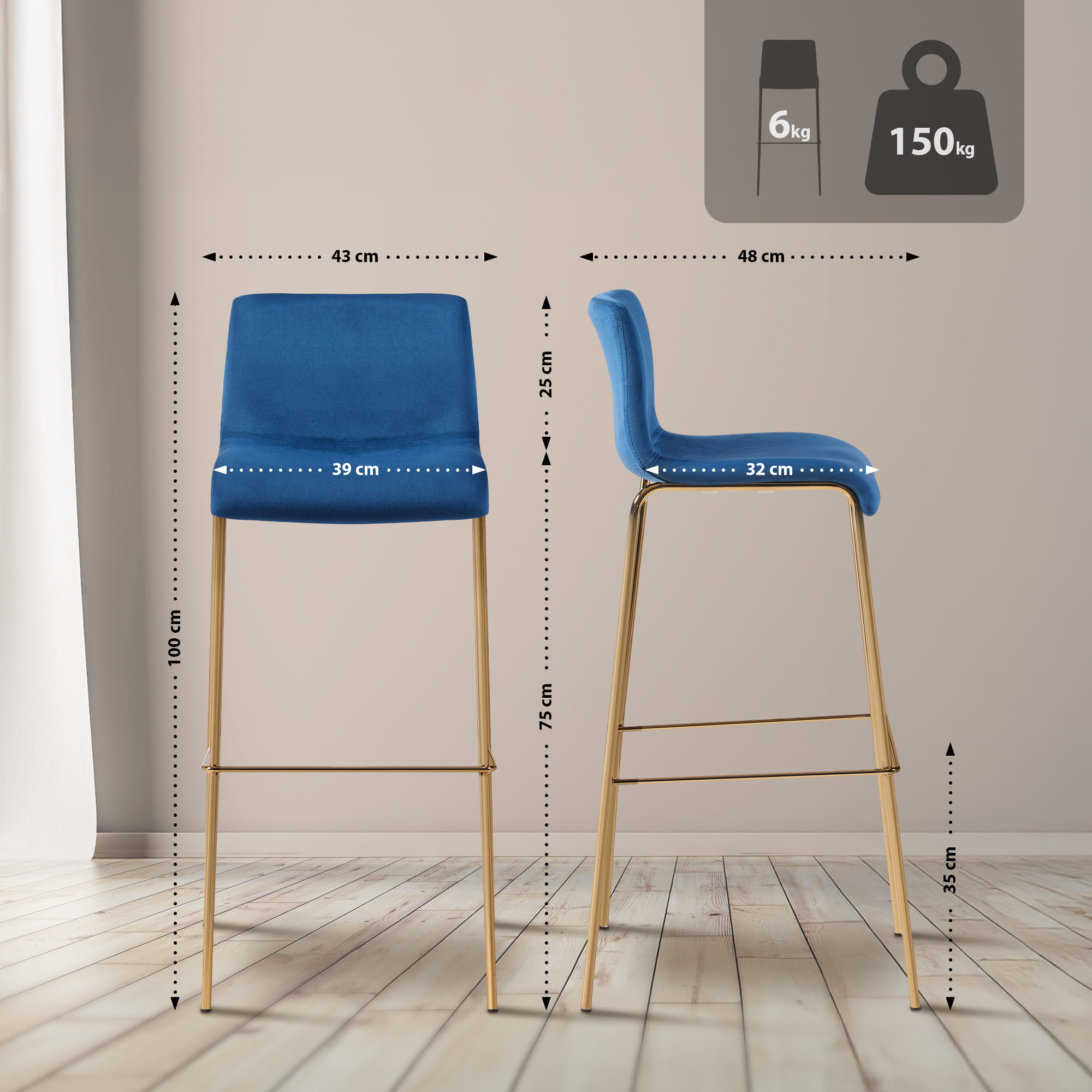 Barhocker Hoover Samt 4-Fuß Gold, blau