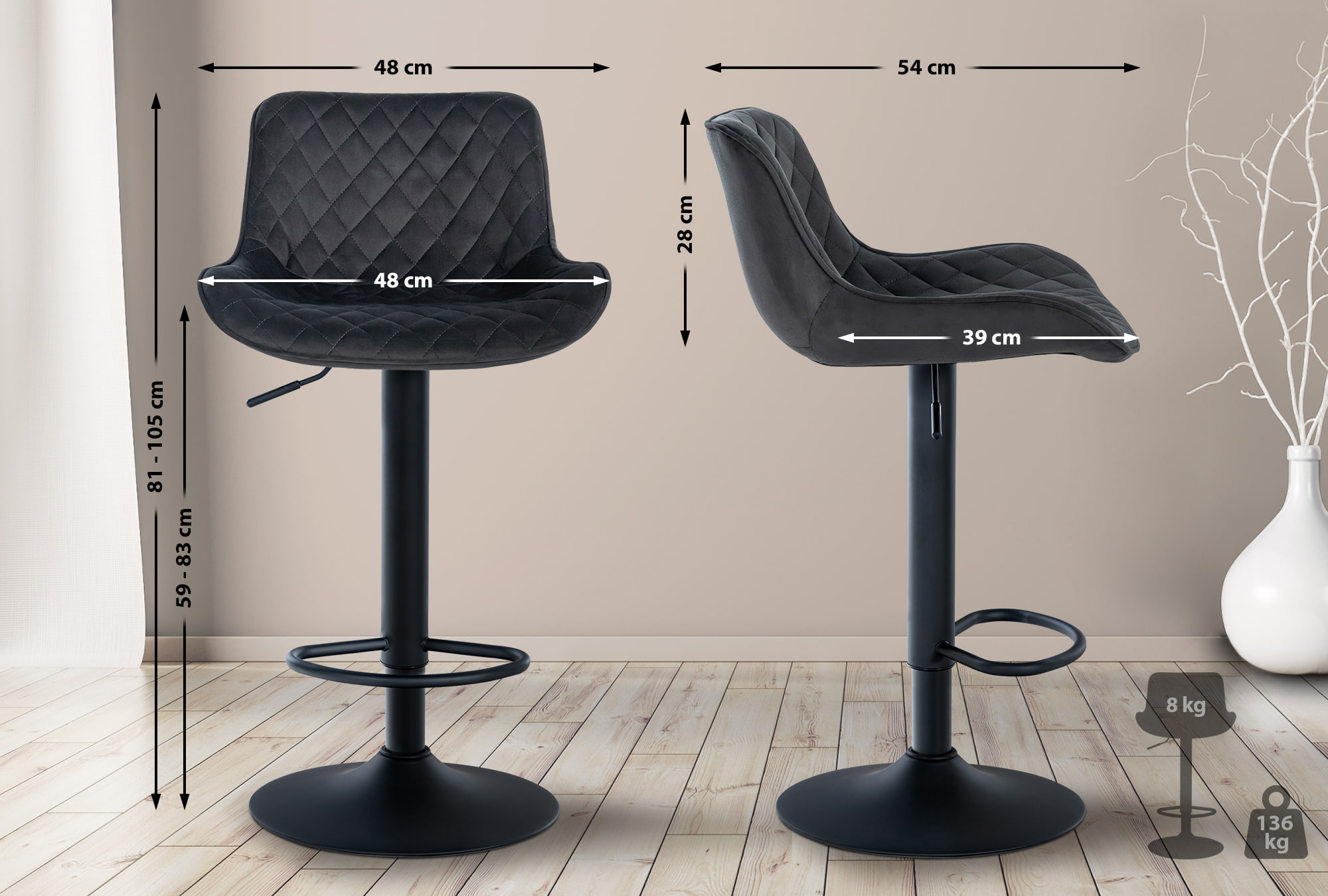 Barhocker Minosa Samt, schwarz