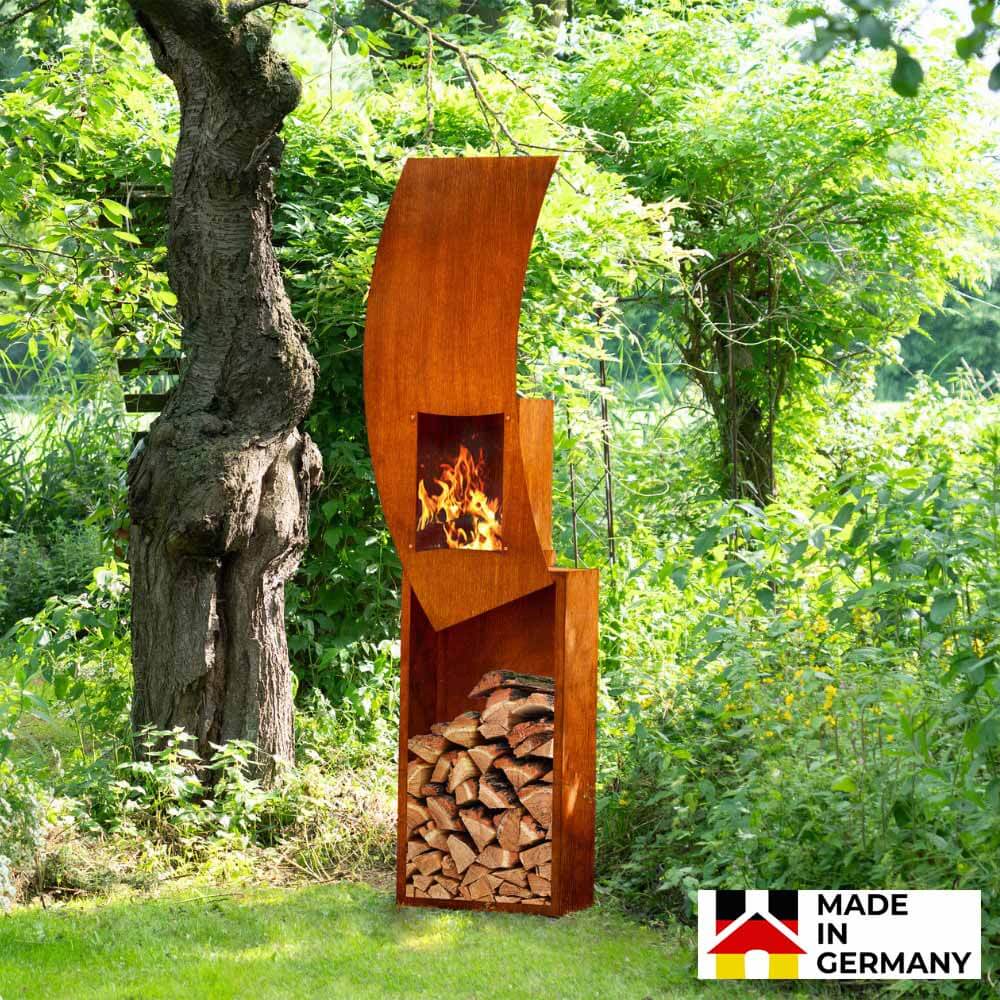 Gartenkamin mit Holzlager SWING - Made in Germany