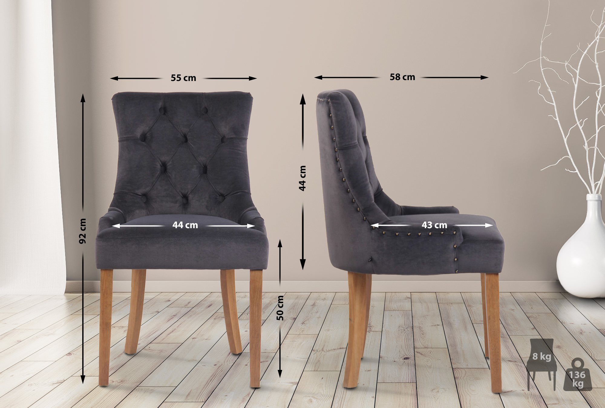 4er Set Esszimmerstühle Aberdeen Samt antik-hell, dunkelgrau