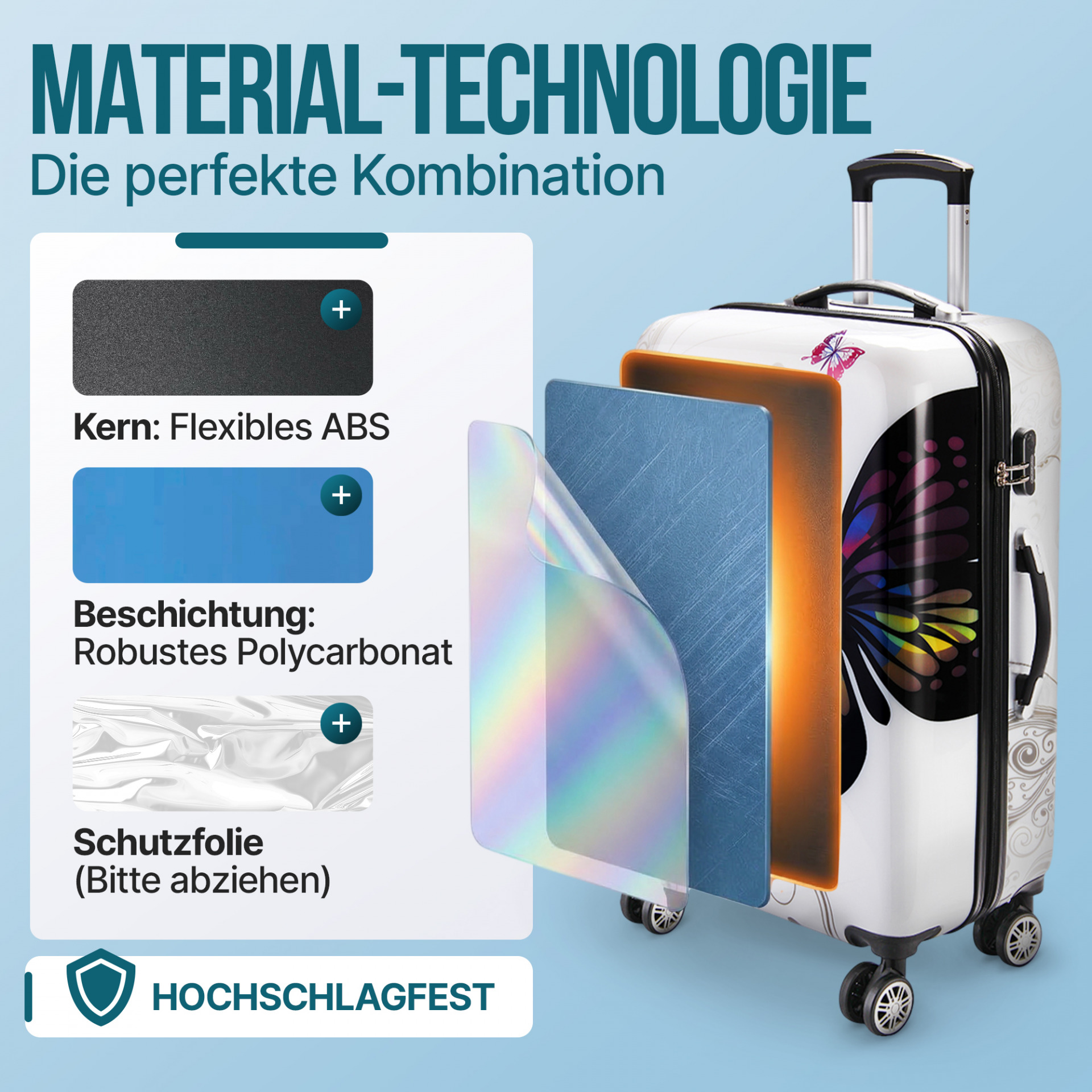 Hartschalenkoffer Rollen 360º Reisekoffer Butterfly Polycarbonat 42L