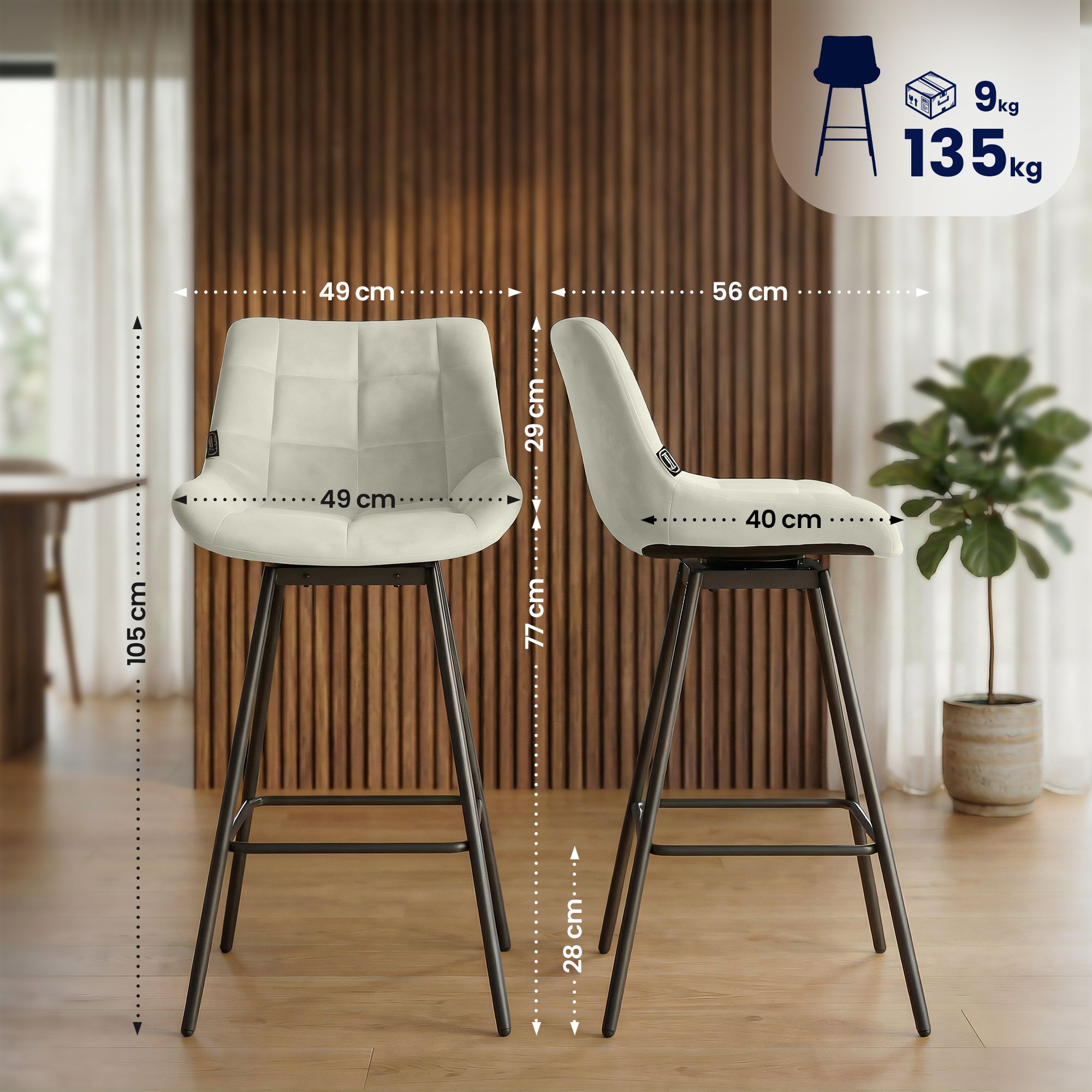 Barhocker Weston Schwenkbar Samt, creme