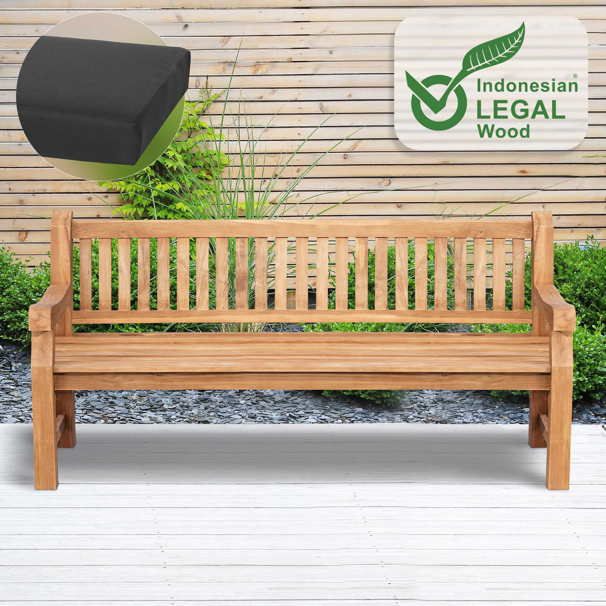 Teakbank Jackson mit Sitzkissen 200 cm + teak, dunkelgrau