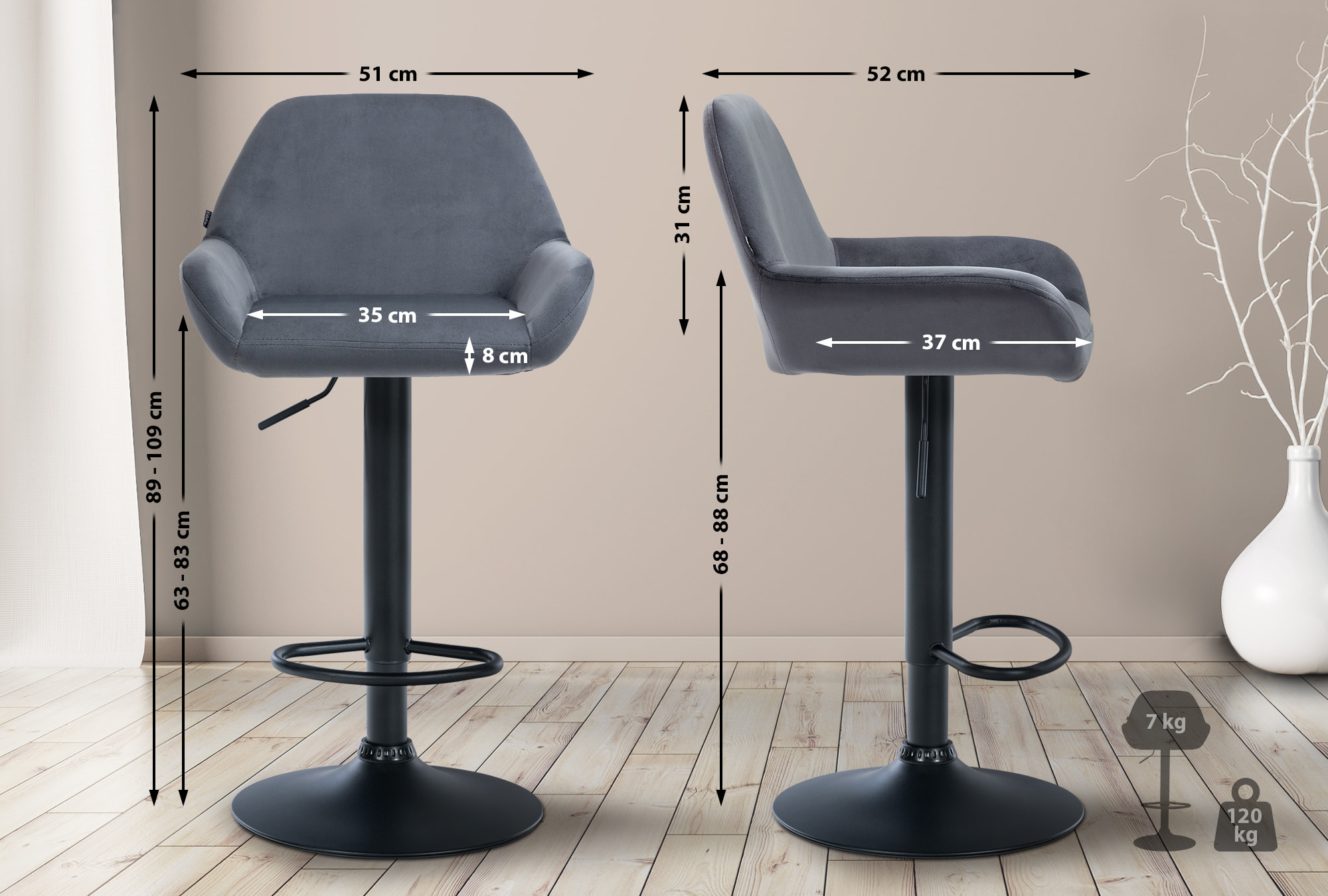 2er Set Barhocker Braga Samt schwarz, dunkelgrau