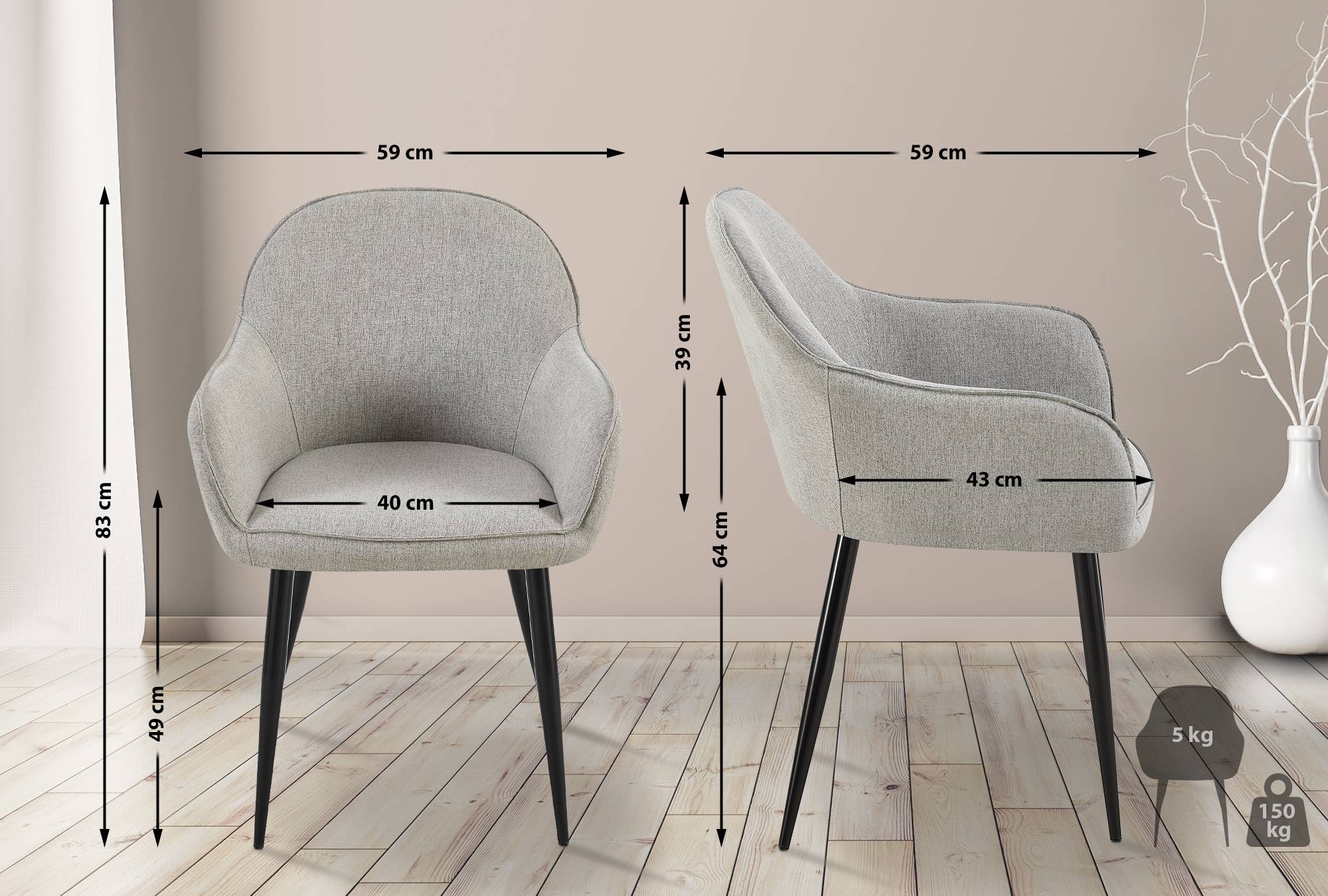 2er Set Esszimmerstühle Boise Stoff, grau