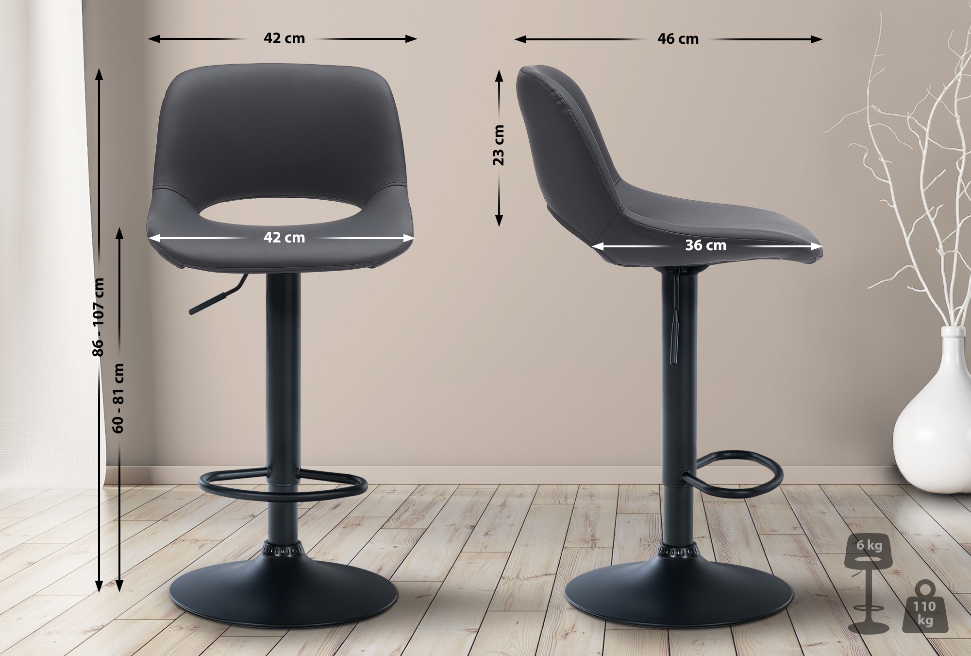 2er Set Barhocker Camden Kunstleder schwarz, schwarz