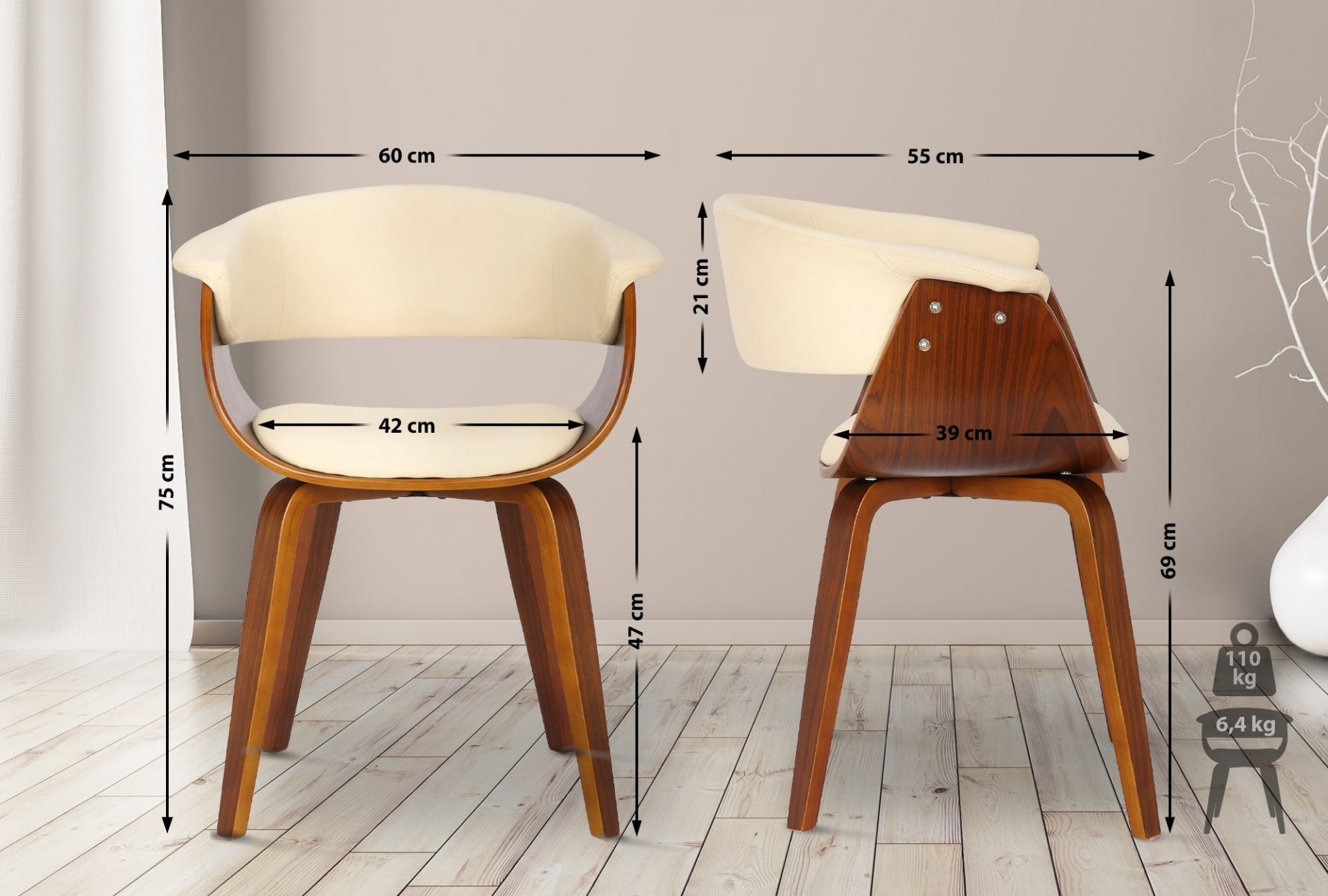 2er Set Stühle Bruce Kunstleder walnuss, creme