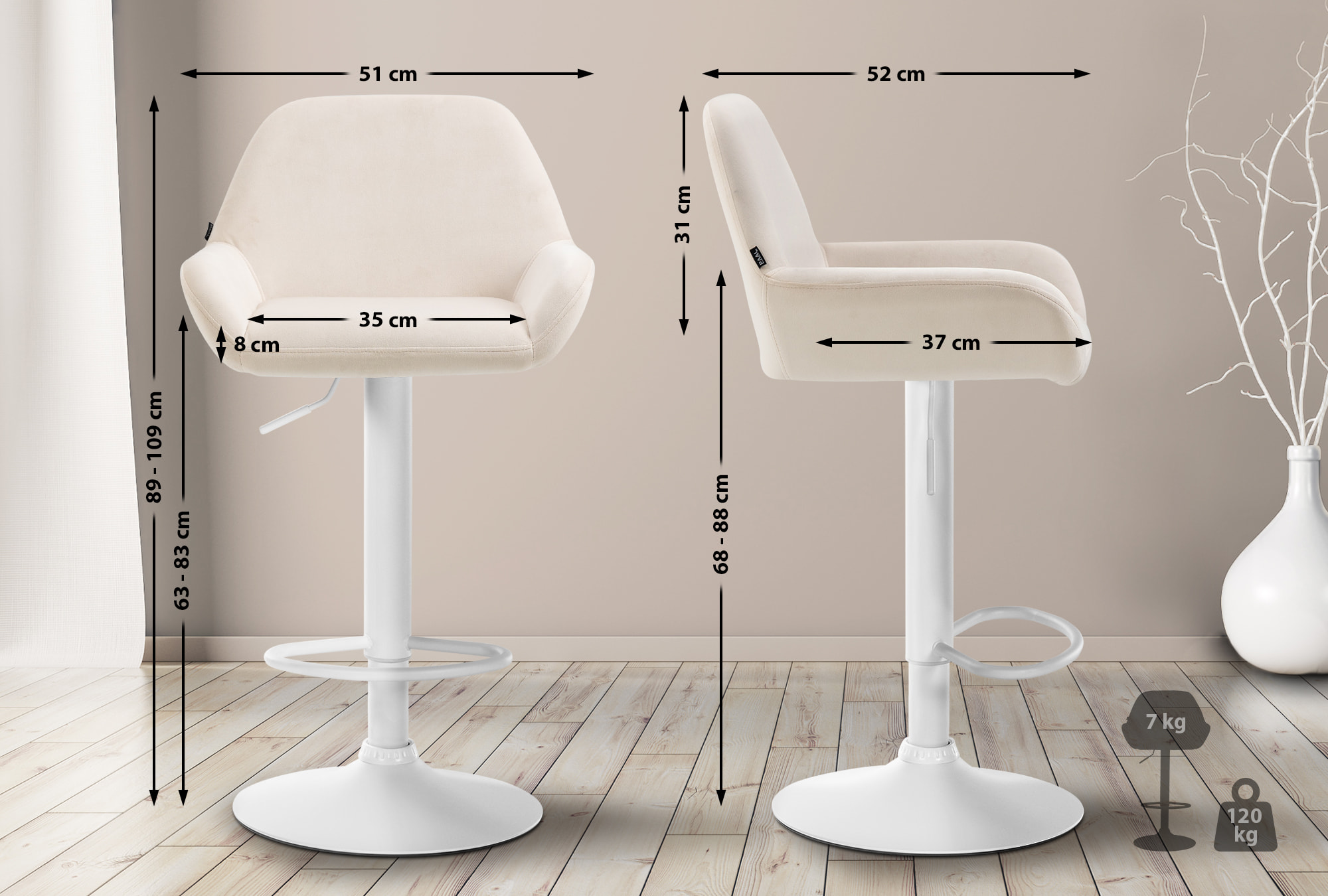 Barhocker Braga Samt weiß, creme