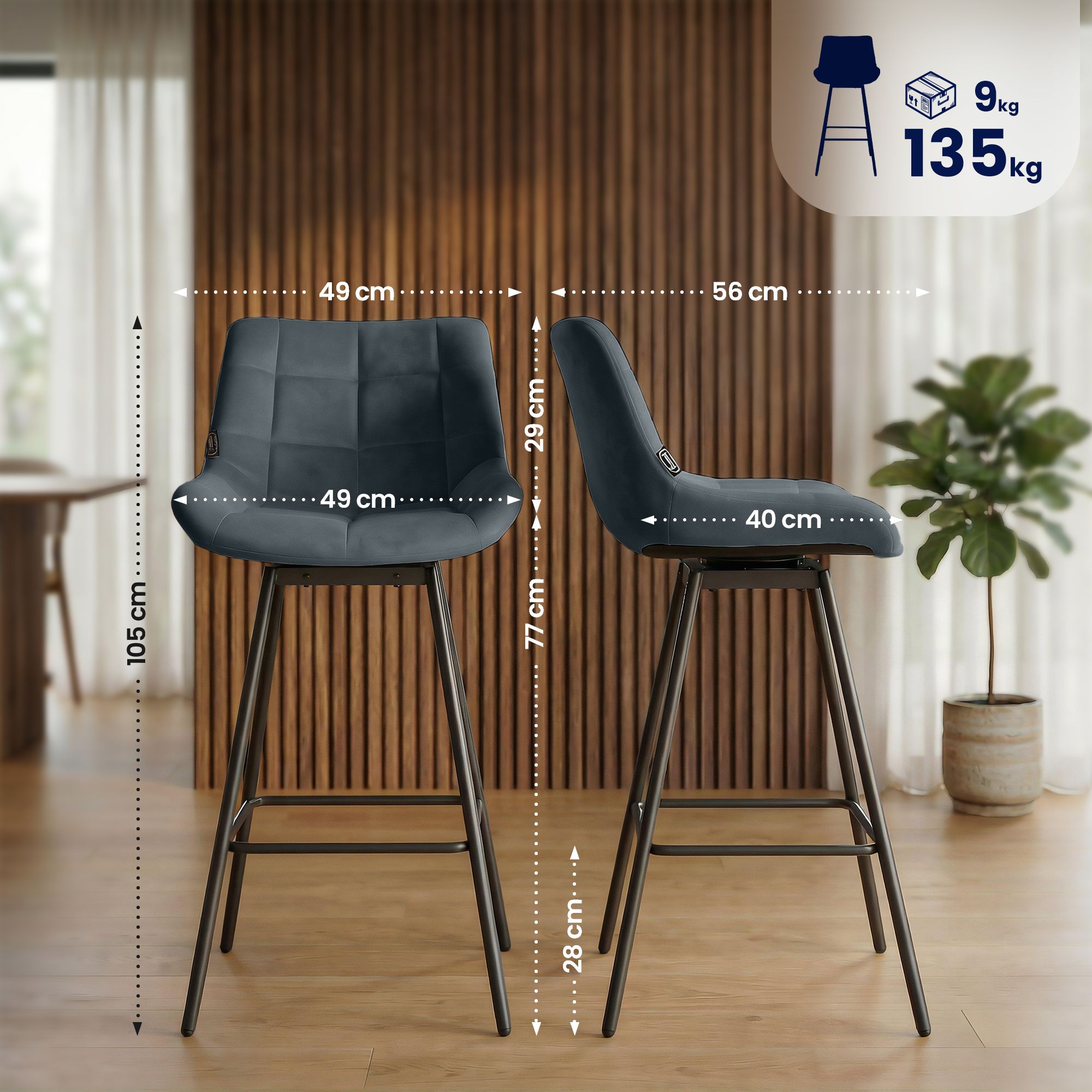 4er Set Barhocker Weston Schwenkbar Samt, dunkelgrau