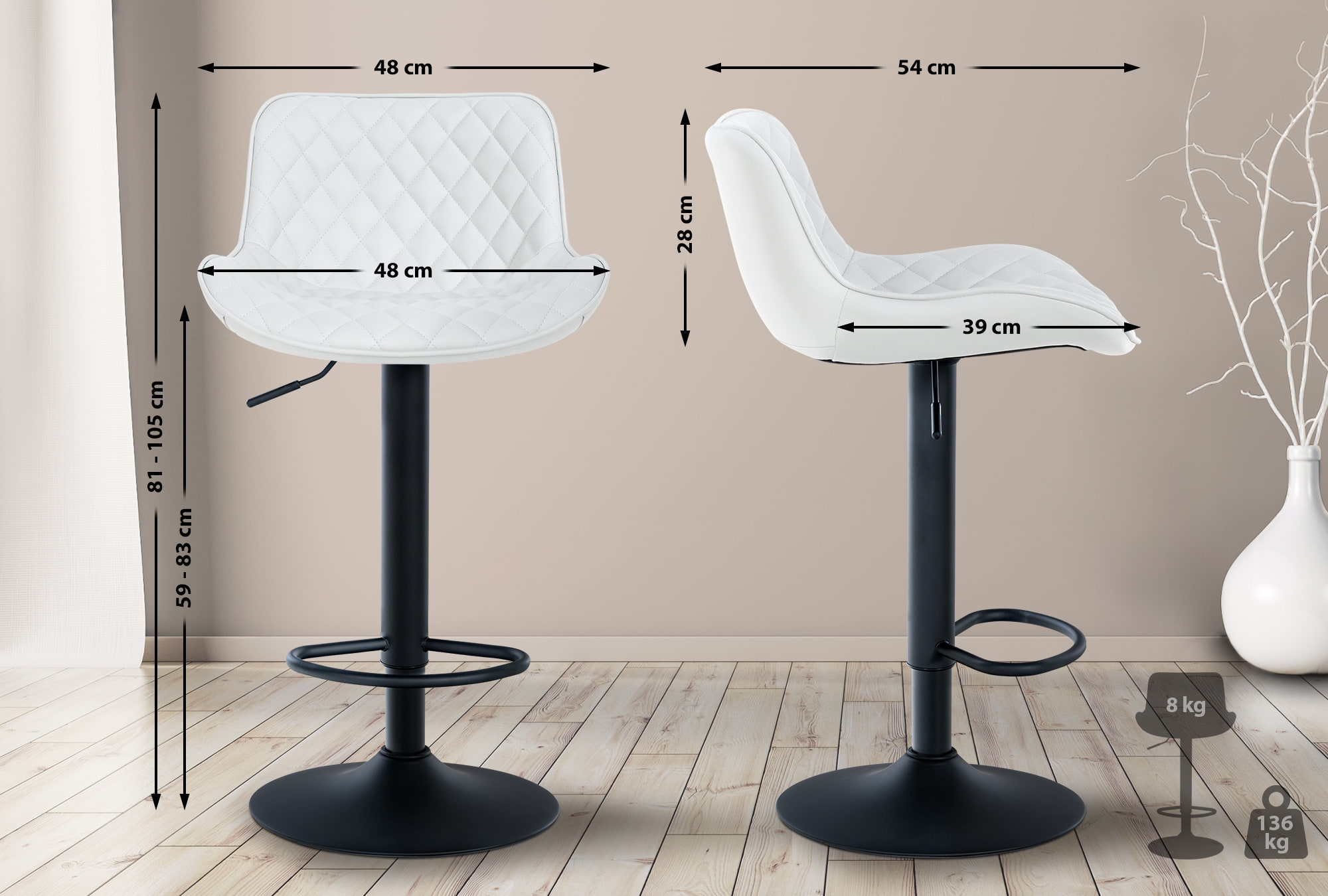 2er Set Barhocker Minosa Kunstleder, weiß