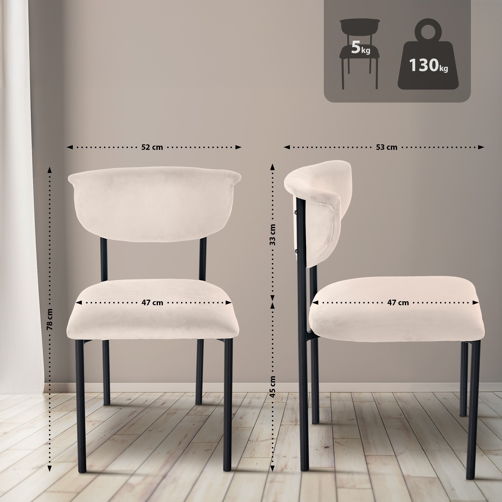 2er Set Besucherstuhl Gambell Samt, creme