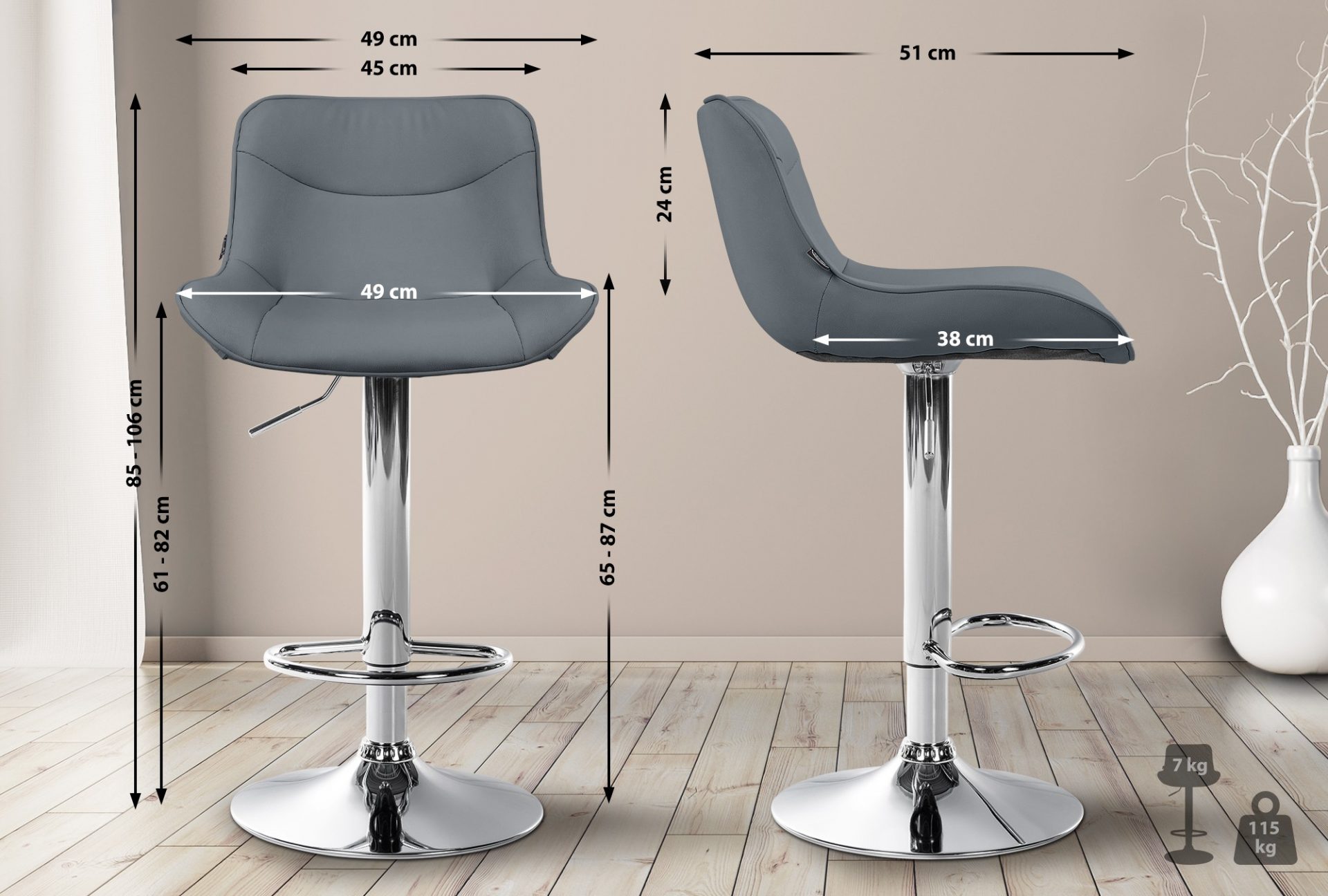 2er Set Barhocker Vonore Kunstleder chrom, grau