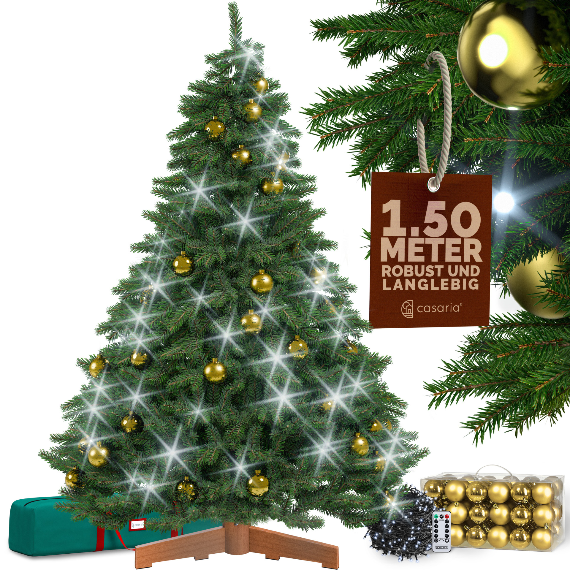 Künstlicher Weihnachtsbaum Premium 150cm + Kugeln Gold + Lichterkette kaltweiß